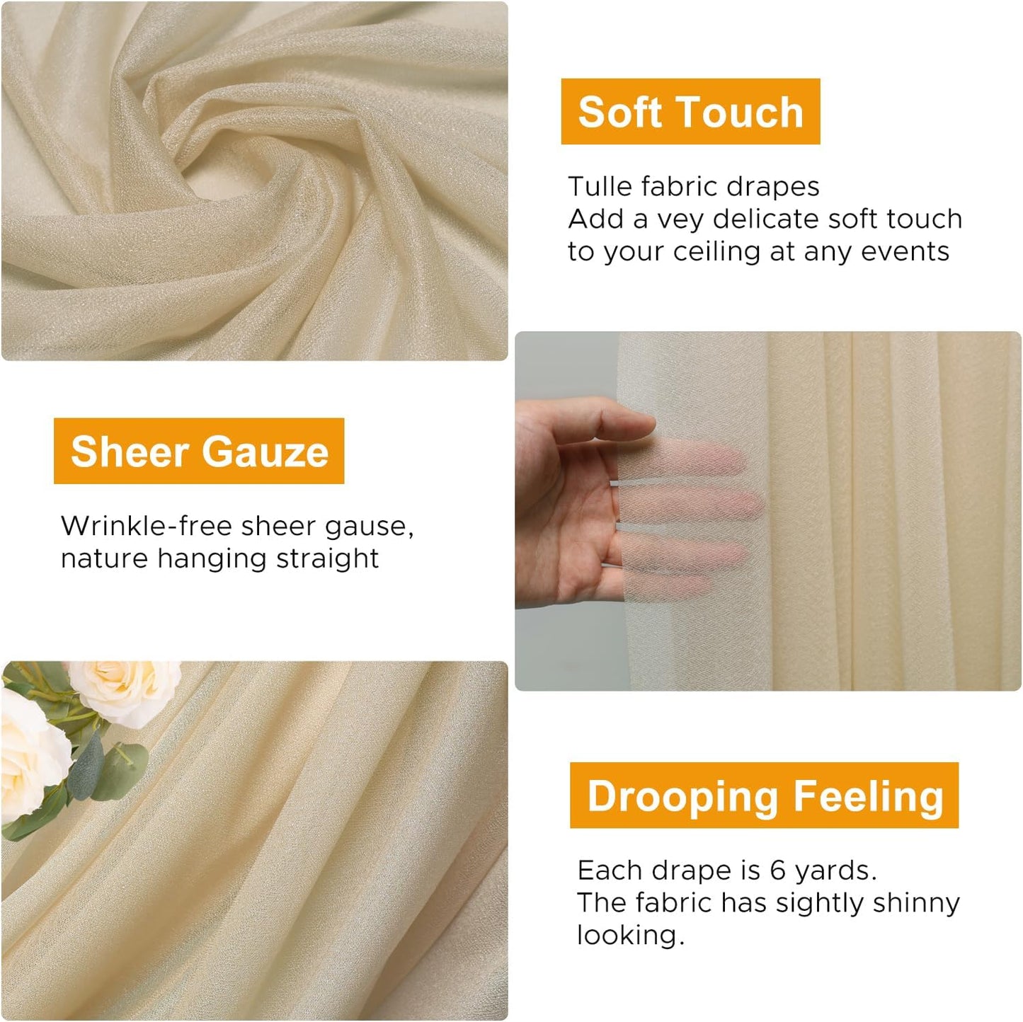 Wedding Arch Draping Fabric 4 Panels 28.7" x 20FT Champagne Sheer Chiffon Backdrop Drapes for Wedding Ceremony Birthday Party Bridal Shower Outdoor Decoration