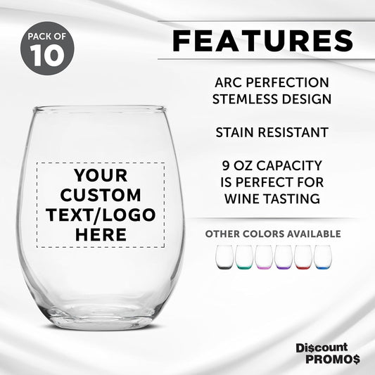 Custom Stemless Wine Glass 9 oz. Set of 10, Personalized Bulk Pack - Great for Wedding Favors, Bachelorette Party Decorations, Party Favors, Color Bottom - Clear