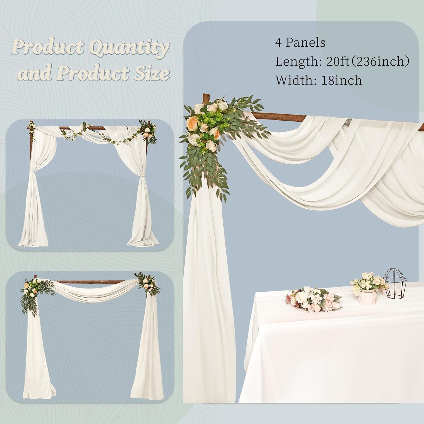 6 Panels Ivory Wedding Arch Drapery 28" x 20Ft Wedding Arch Draping Fabric Chiffon Fabric Drape Sheer Backdrop Curtain for Weddings Party Swag Ceremony Birthday Arbor Drapery Reception Ceiling Décor