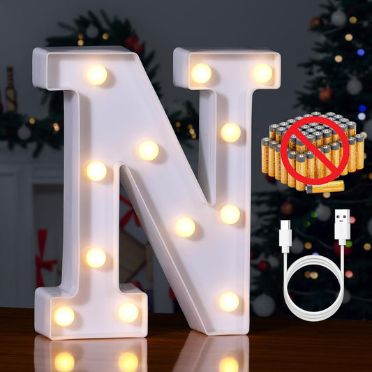 Foaky Rechargeable LED Letter Lights Sign Marquee Light Up Letters Sign for Night Light Wedding/Birthday Party Christmas Lamp Home Bar Decoration (N)