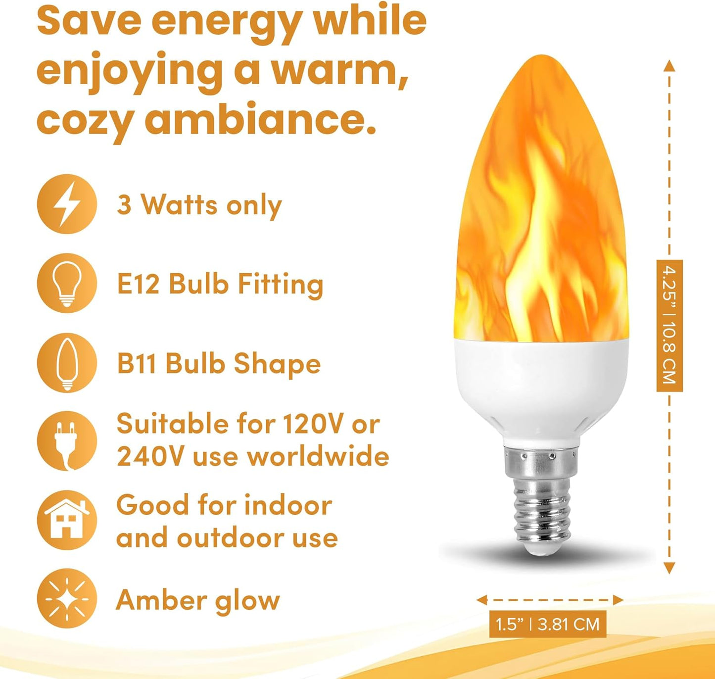 Flame Effect Chandelier LED Fire Candle Light Bulb Flaming Flicker E12 Candelabra Base Shape Novelty Lighting B11 Replacement Bulbs 12mm Diameter Fitting, 110MM / 4.25" Total Length 120V - 3 Pack