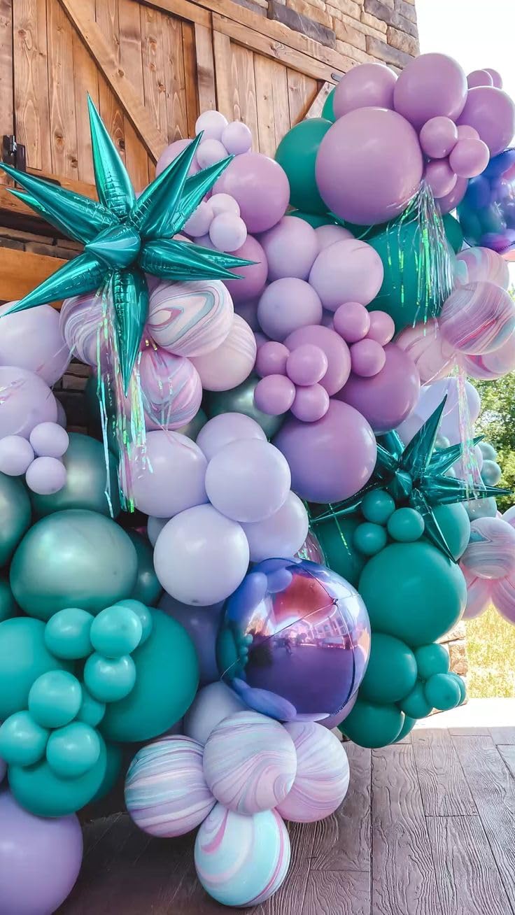 Mermaid Balloons, 12 Inches Purple and Green Balloons Teal Purple White Metallic Confetti Green Purple for Girls Mermaid Birthday Party Decoration Baby Shower Under The Sea Party Decorations