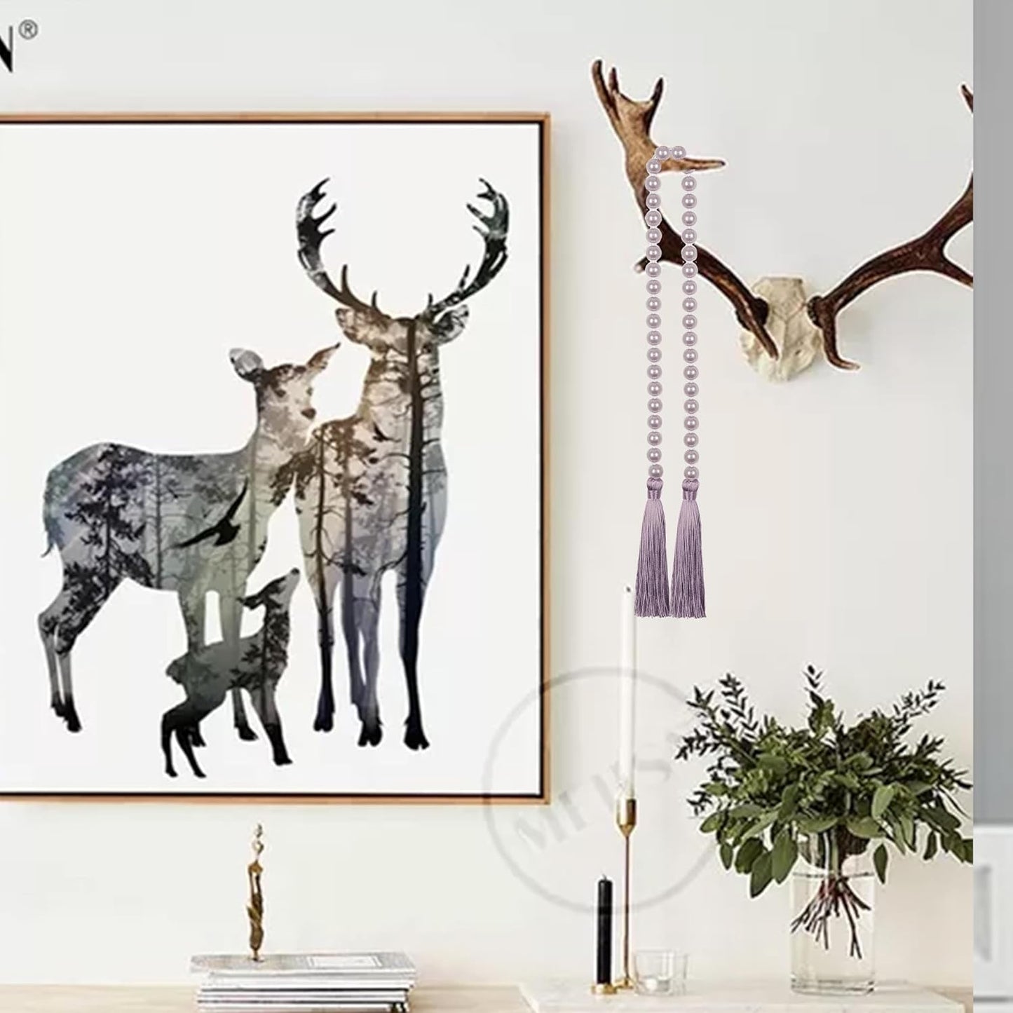 Fenghuangwu 34 Inch Pearl Glass Bead Garland with Tassels - Elegant Boho Table Decor, Fringe Wall Hanging for Wedding, Party, Farmhouse Rustic Prayer Bead Home Decoration(1 Pack,Purple)