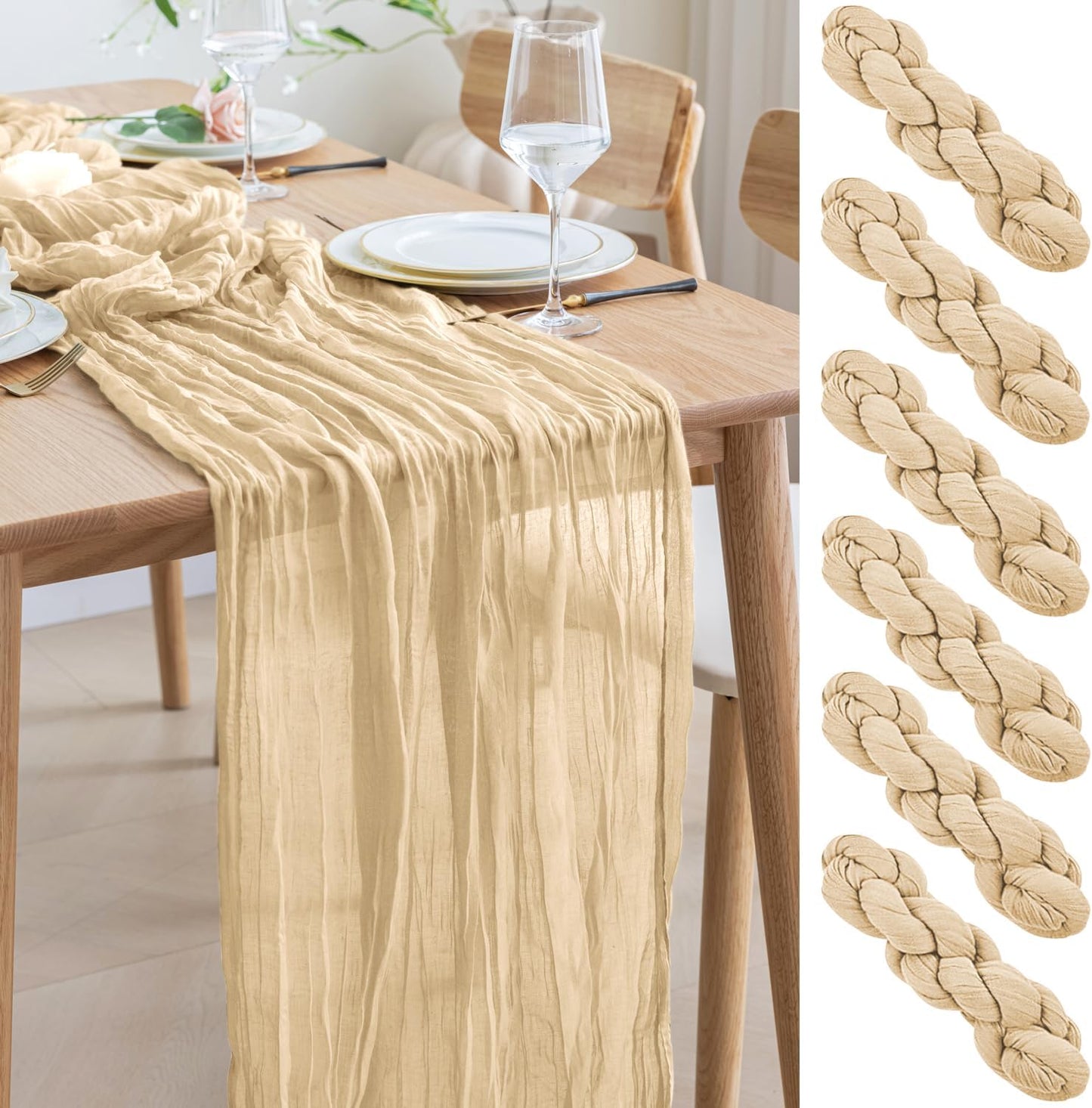 Asee'm 6pcs Cheesecloth Table Runner 120 Inches Long Sand Boho Gauze Cheese Cloth Runner 10FT Rustic Sheer Table Runners for Christmas Wedding Party Baby Shower Spring Easter Decoration