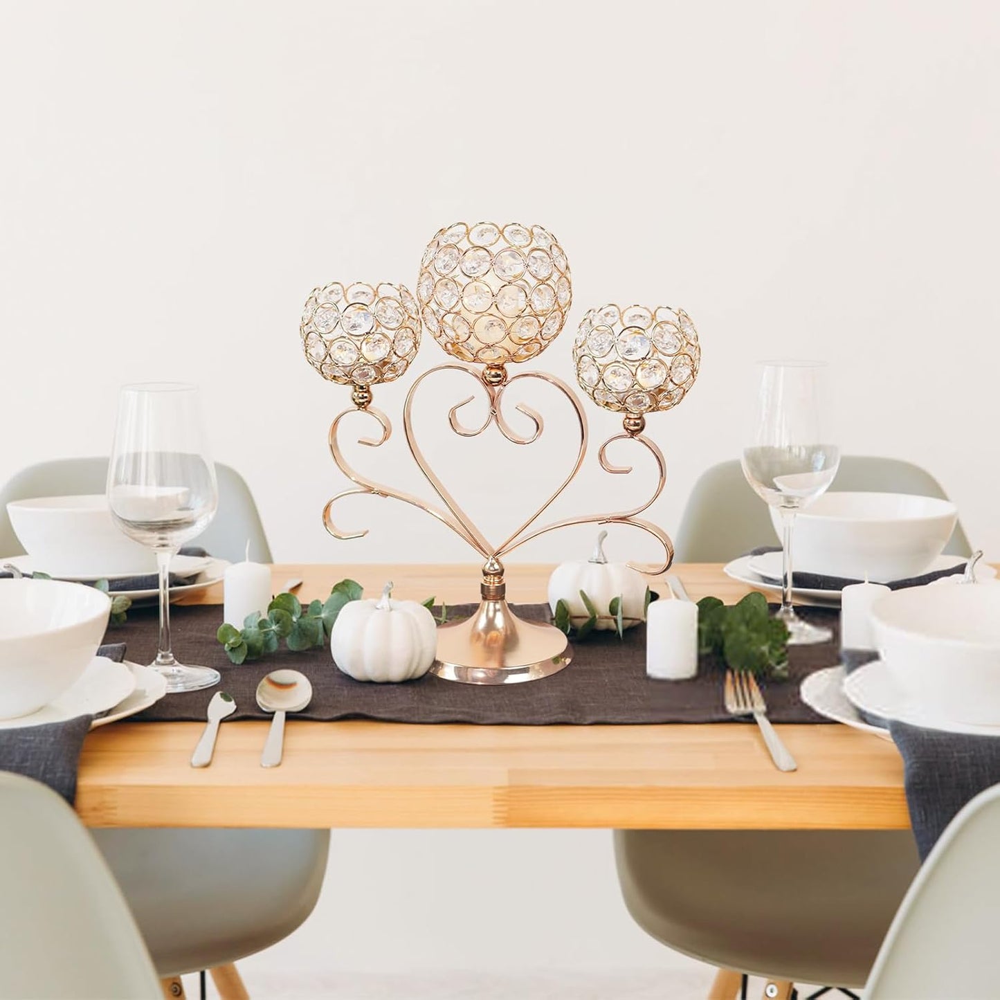 6 Pcs Gold 3-Arm Heart Tea Light Candle Holder - Crystal & Metal Wedding Centerpiece Decor, Sparkling Table Decor for Anniversaries/Romantic Tabletop Home/Dinner Party/Events