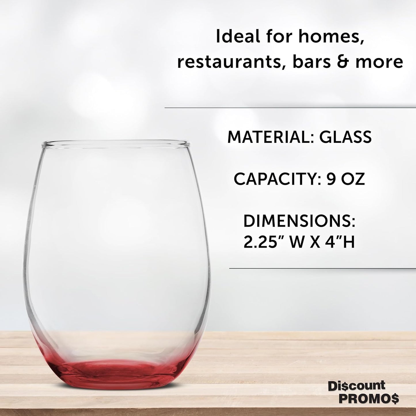 DISCOUNT PROMOS Stemless Wine Glass 9 oz. Set of 10, Bulk Pack - Great for Wedding Favors, Bachelorette Party and More - Red Bottom Color