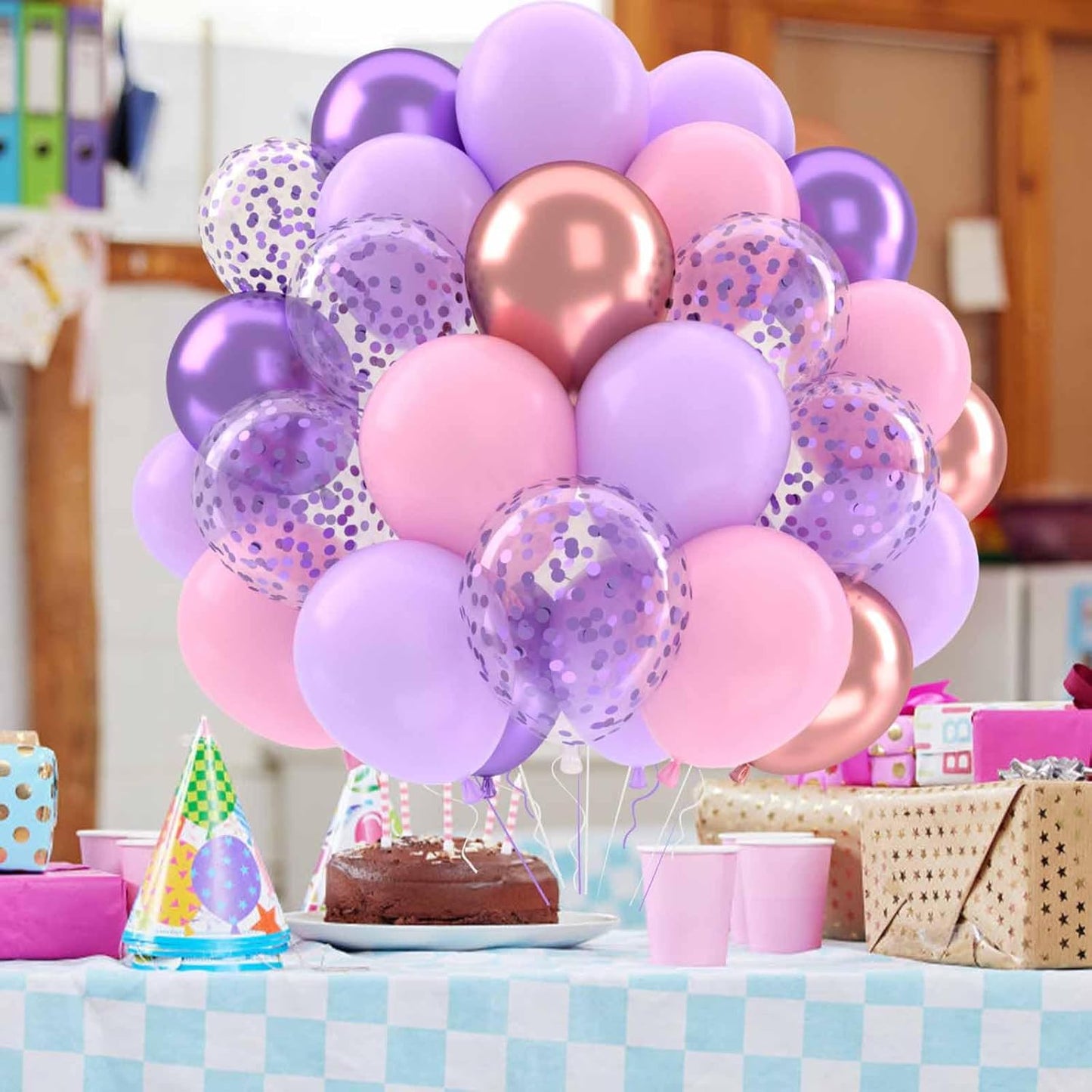 Patimate Purple and Pink Balloons Set, 50 pcs 12 inch Metallic Rose Gold Purple Pastel Pink Purple Confetti Latex Balloons Kit for Girl Birthday Baby Shower Wedding Party Decorations