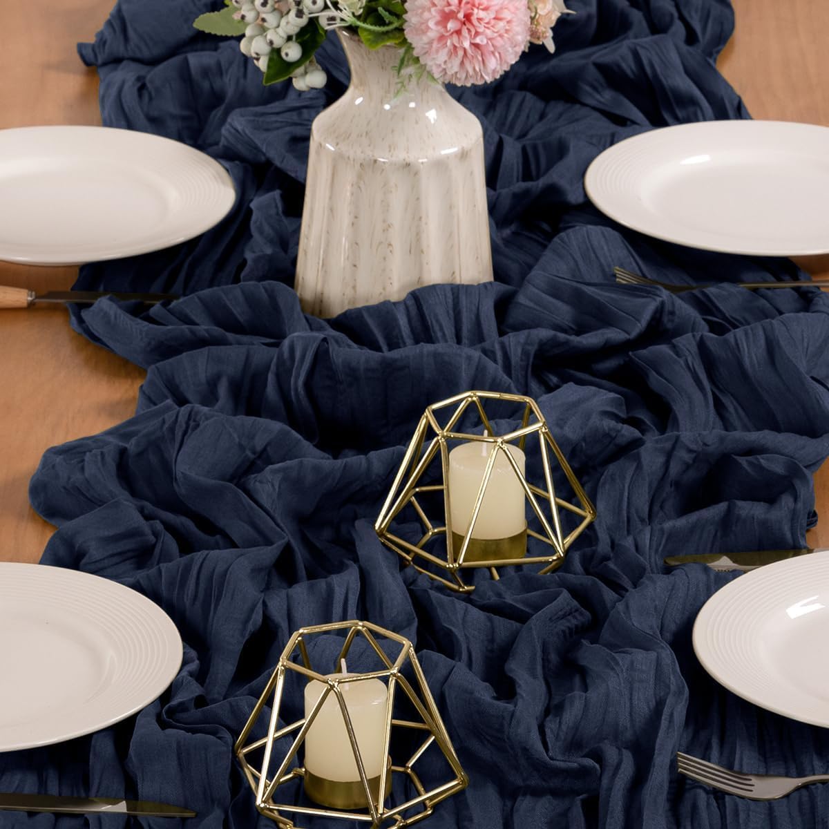 MLMW Navy Blue Table Runner Cheesecloth Boho Gauze Rustic Cheese Cloth Table Runner 160 inch Sheer 13.3ft for Graduation Wedding Party Baby Bridal Shower Birthday