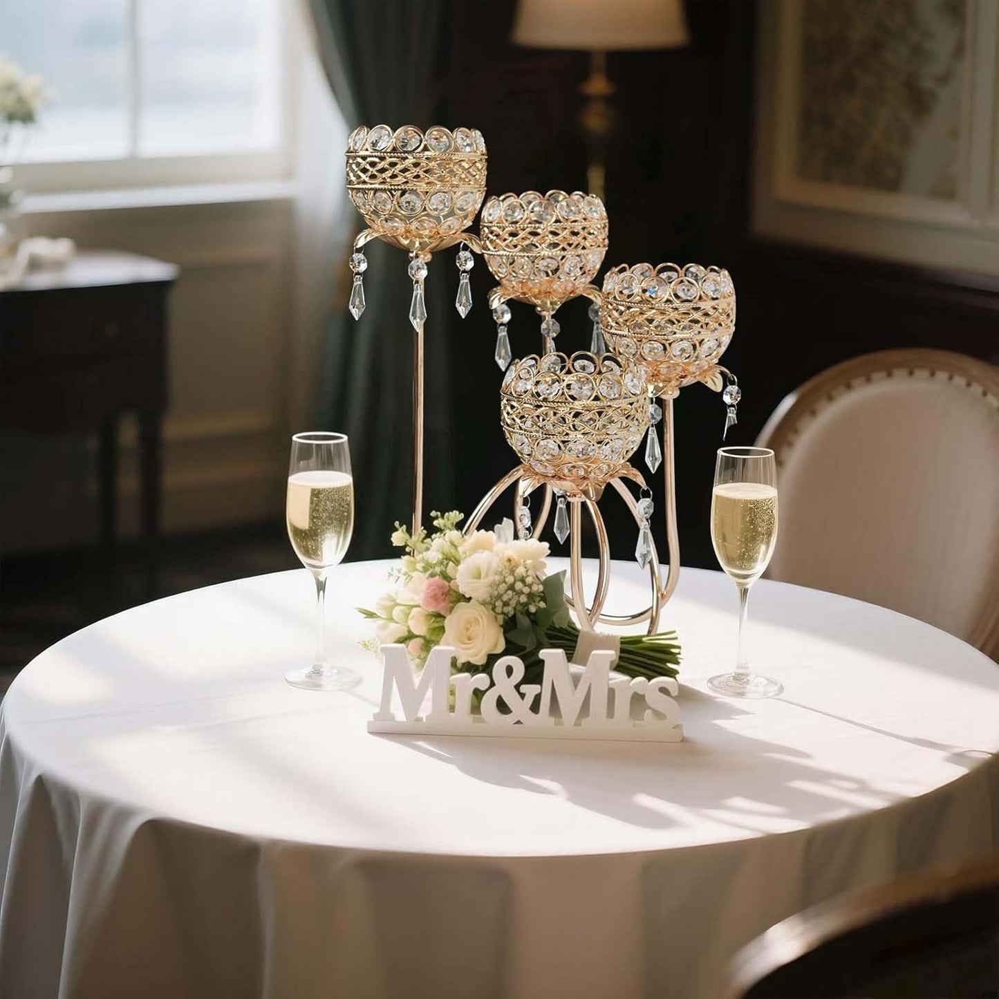 4 Arms Crystal Candelabra Tealight Holder - Tall 15.7 Inch Elegant Centerpiece with Crystal Pendant Bowls & Artistic Metal Stand for Wedding, Dining Table, Home Decor (1, Gold)