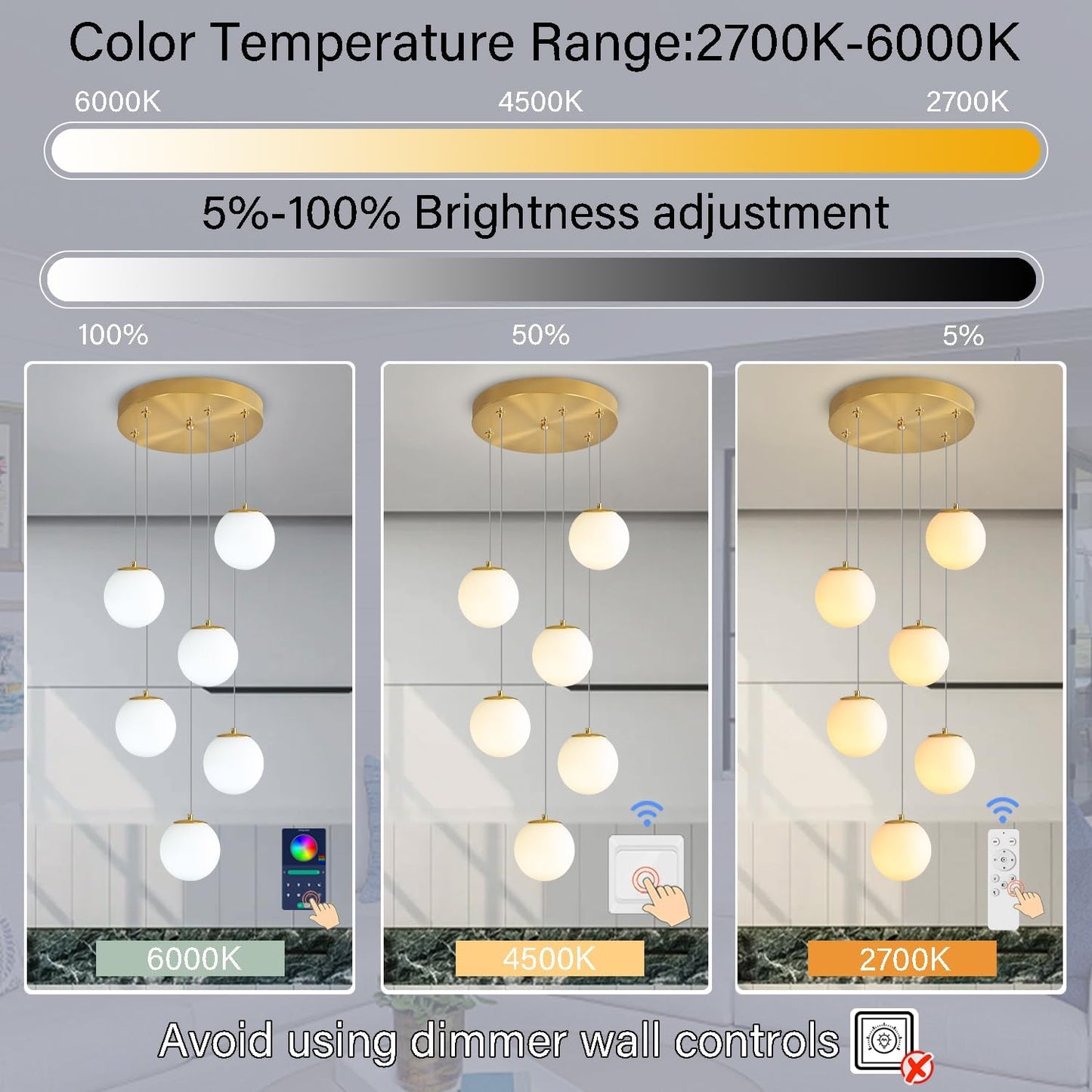 H 87in Globe Pendant Light 6-Lights Modern Hanging Chandelier for Kitchen Island Mid Century Globe Chandelier Milk White Glass Pendant Lighting for Living Room Bedroom Entryway