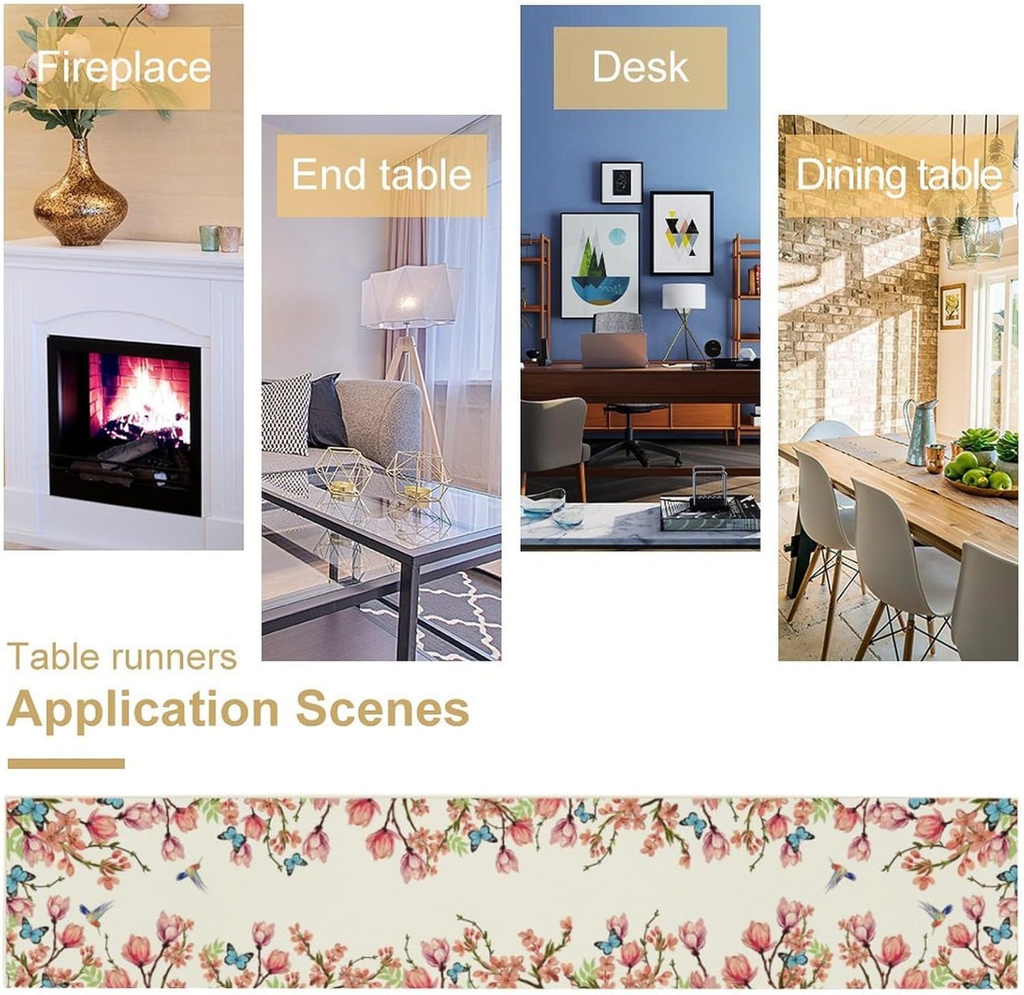 Spring Floral Bird Table Runner, Watercolor Pink Flower Plants Nature Butterfly Table Runner for Kitchen Dinner Living Room Home Party, 13x60 Inch