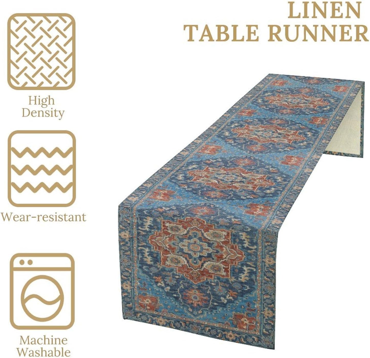 Boho Floral Vintage Table Runner, Retro Abstract Blue Flower Rustic Country Farmhouse Pattern for Home Kitchen Table Decor Dining Coffee Room Party Decor 13x72in