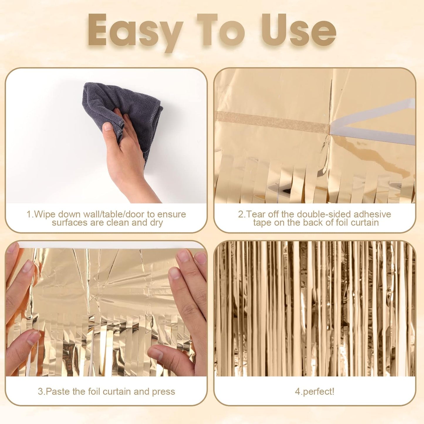 4 Pack Champagne Foil Fringe Backdrop Curtains, Tinsel Streamers Birthday Party Decorations, Fringe Backdrop for Graduation, Baby Shower, Gender Reveal, Disco Party