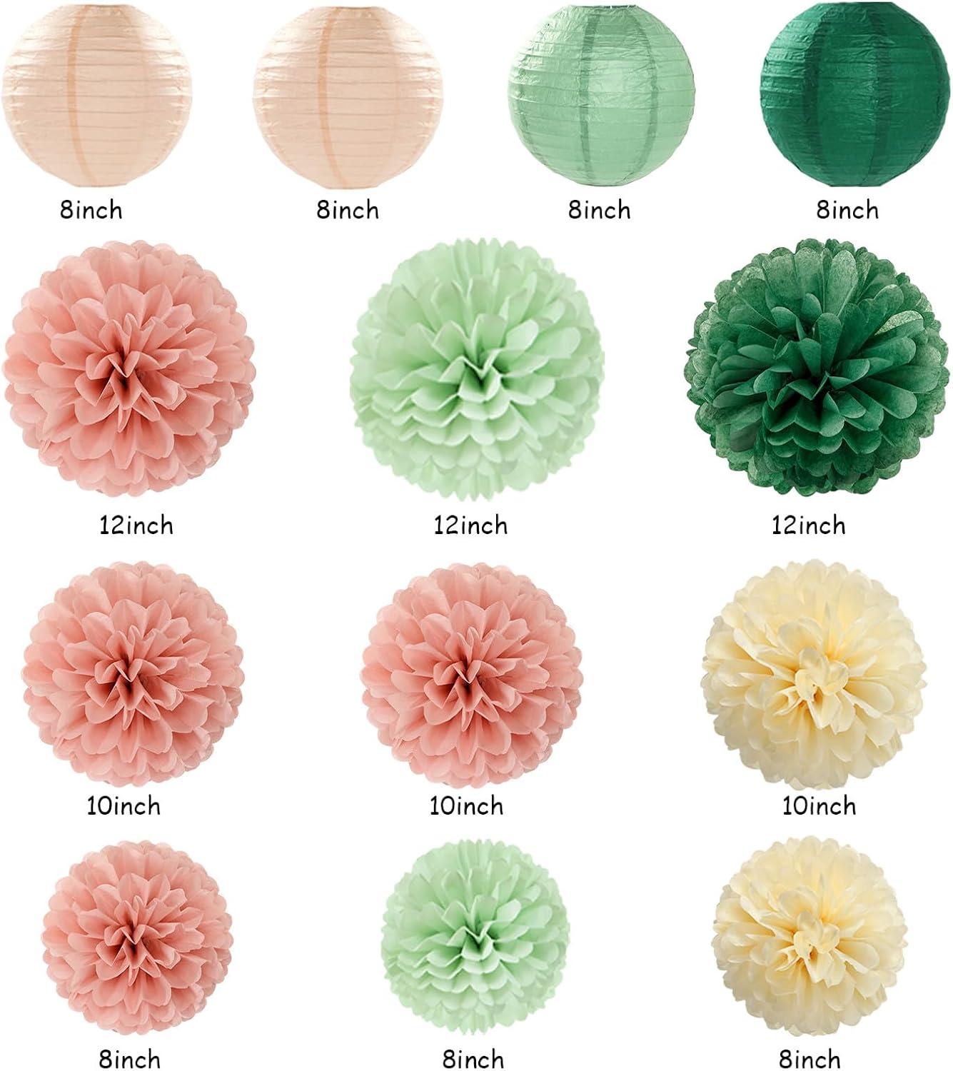 Sage-Green Pink Party-Decorations Paper-Flowers Lanterns - 20PCS Boho Rustic Tissue Pom Poms Streamers Fans Honeycomb, Birthday Baby Shower Neutral Garden Wedding Hanging Supplies Decor Burgleda