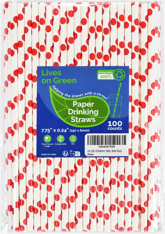 7.75'' x 0.24'' Red Polka Dots Disposable Paper Straws for Drinking, Compostable, 100 Counts - for Cocktail, Soda, Juice, Milk, Water