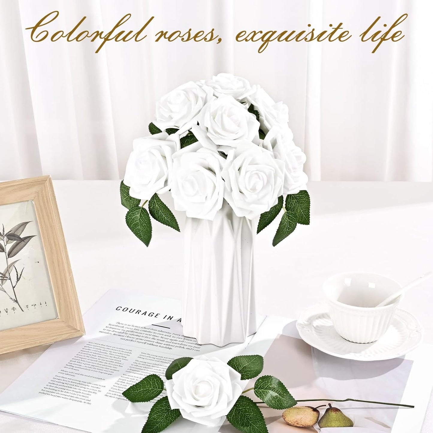 BLEUM CADE 16Pcs Artificial Flowers Fake Roses with Stems, White Boxed Foam Roses for DIY Bouquets Centerpieces Wedding Party Arrangement Bridal Shower Decor