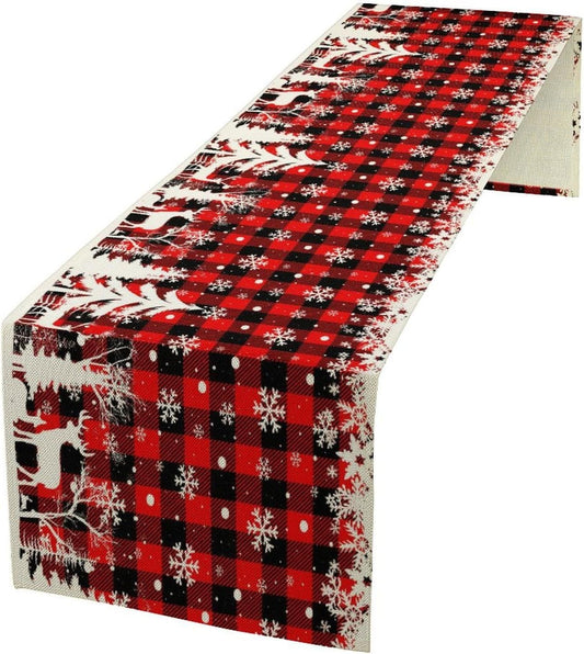 Christmas Table Runner,Red Black Plaid Xmas Snowflakes Deer Trees Print Tablecloth Burlap for Hotel Indoors Outdoor Dining Room Kitchen Home Decor,W13X L80 in