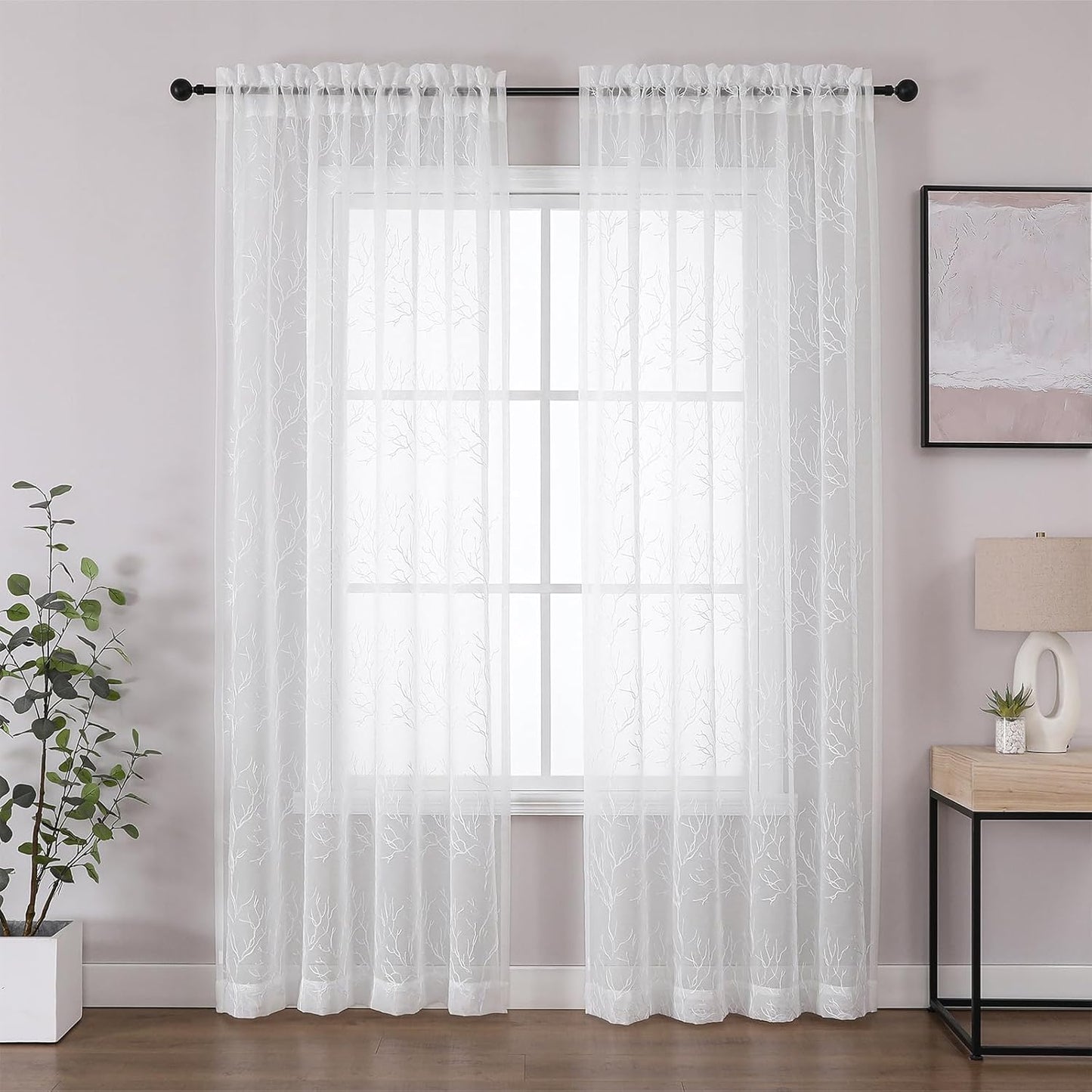 VISIONTEX Sheer Curtains 63 inch Length 2 Panels Set, Decorative White Coral Embroidery, Rod Pocket Embroidered Window Drapes for Living Room and Bedroom, 54" x 63"