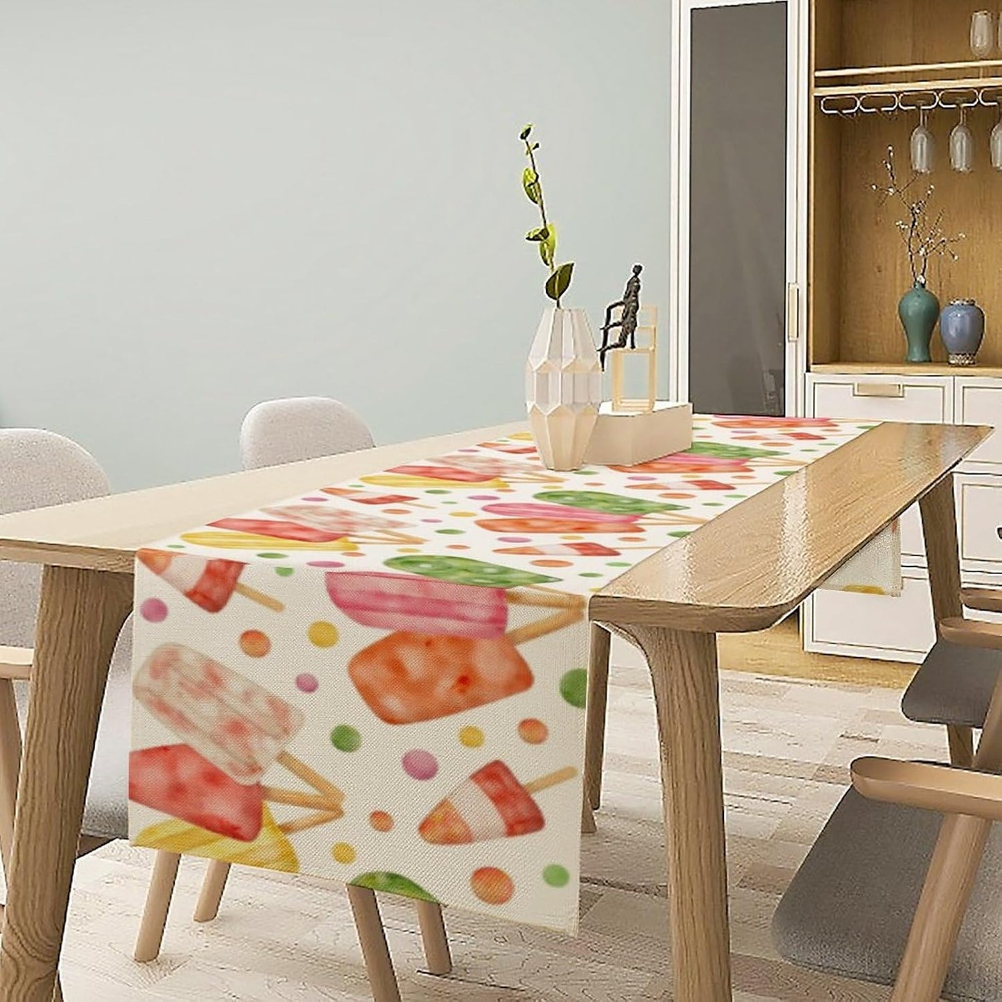 Summer Popsicles Table Runner, Watercolor Colorful Fruit Ice Cream Pops Berry Kiwi Cold Summer Sweet Seasonal Dinner Runner for Party Holiday Home Kitchen Dining Table Decor 13"x36"