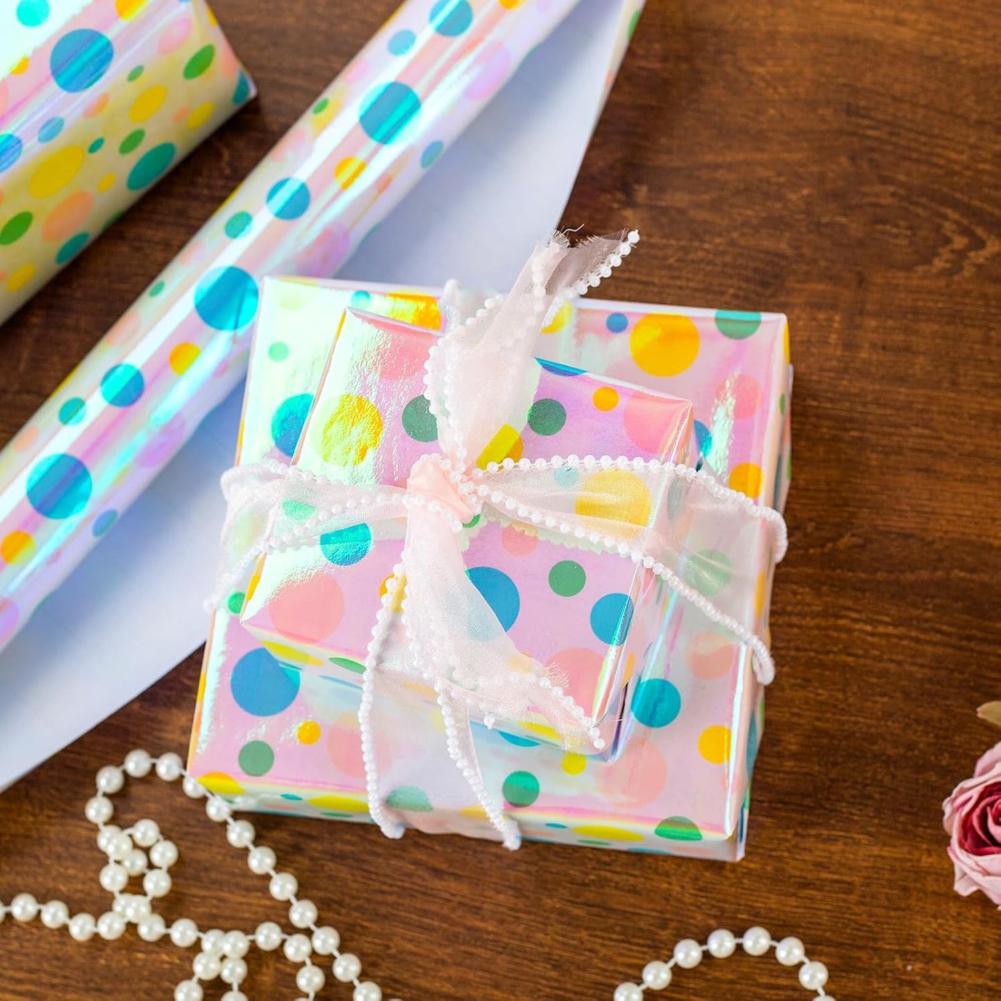 Burymento Holographic Pink Dot Gift Wrapping Paper for Birthday, Valentines, Mothers day, Graduation, Wedding, Fathers day, Baby Shower, Christmas (17in x 32.8ft)