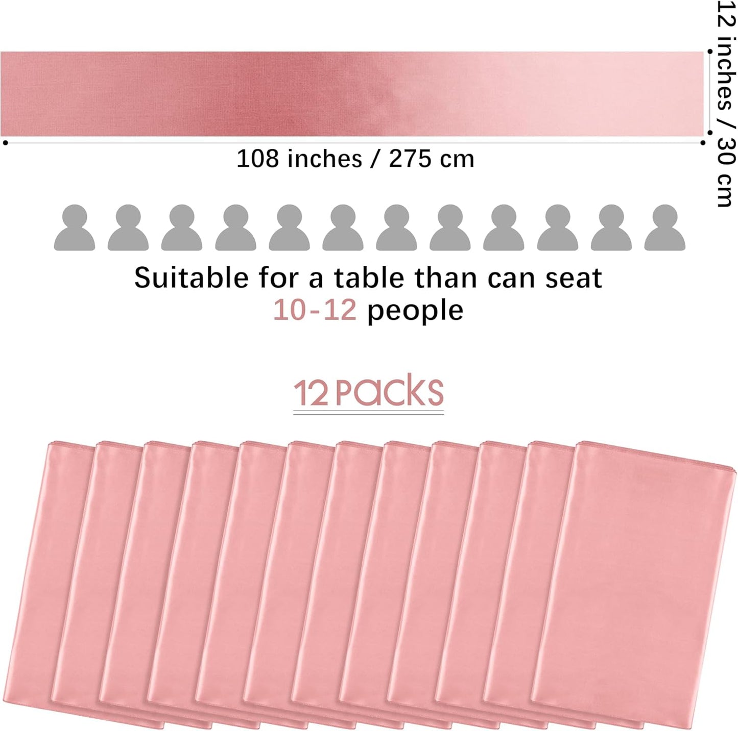 Aneco 12 Pack Satin Table Runner 12 x 108 Inch Rose Gold Long Wedding Satin Silk Table Runner for Wedding Banquet Graduations Birthday Party Decoration