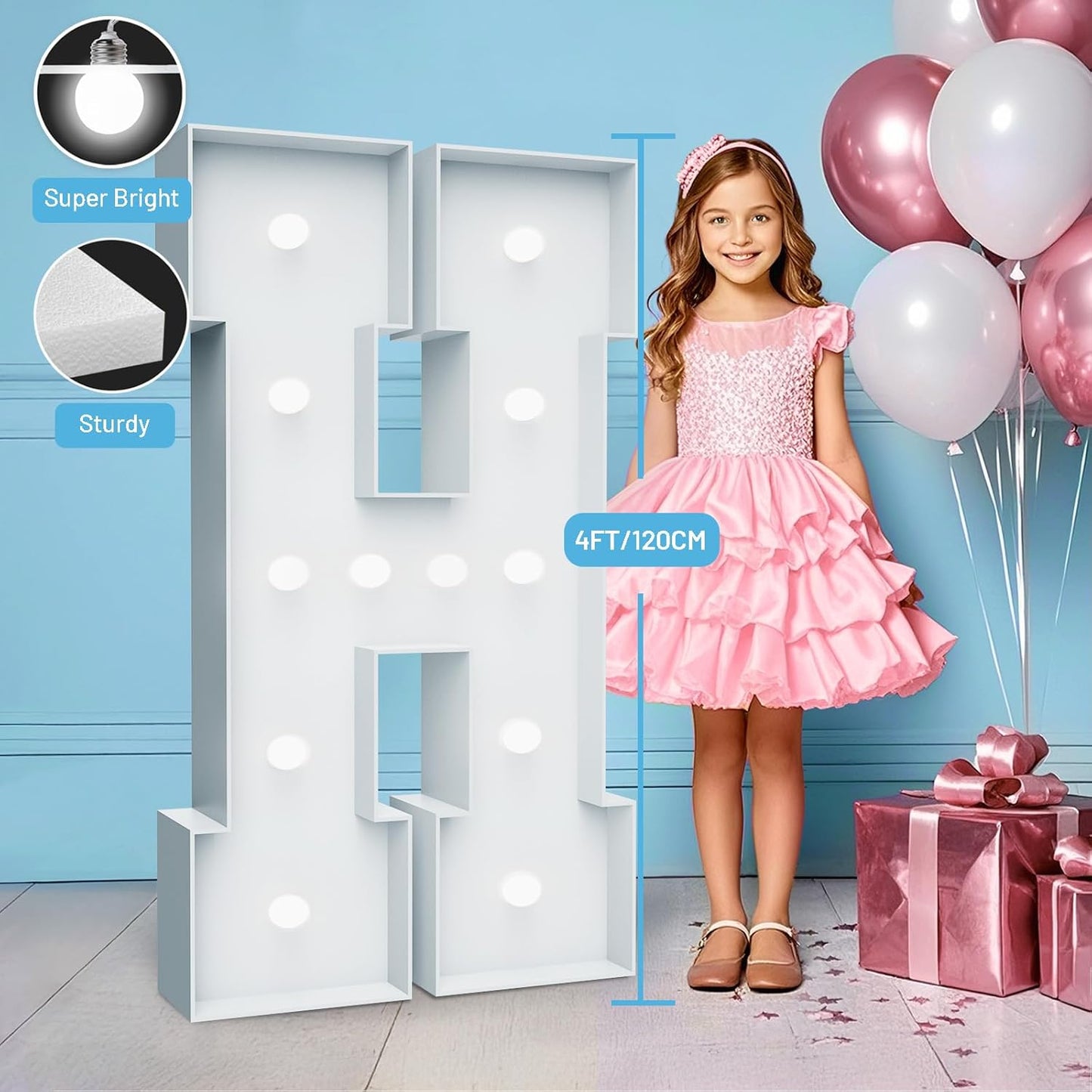 4FT Marquee Light Up Letters - Cool White Light Up Letters H with Fixed Water Bag, Party Decoration Large Marquee Light Up Letters can Be Used for Wedding Decoration, Birthday Party Decoration