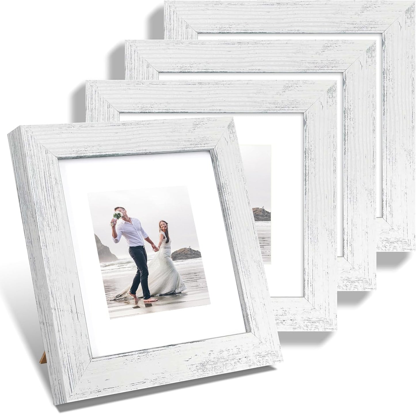 6x6 Picture Frame Set of 4 with High Definition Glass, Distressed White Frames Display 4x4 Picture with Mat or 6 x 6 Without Mat, Wood Square Photo Frame for Wall Mount and Tabletop Display