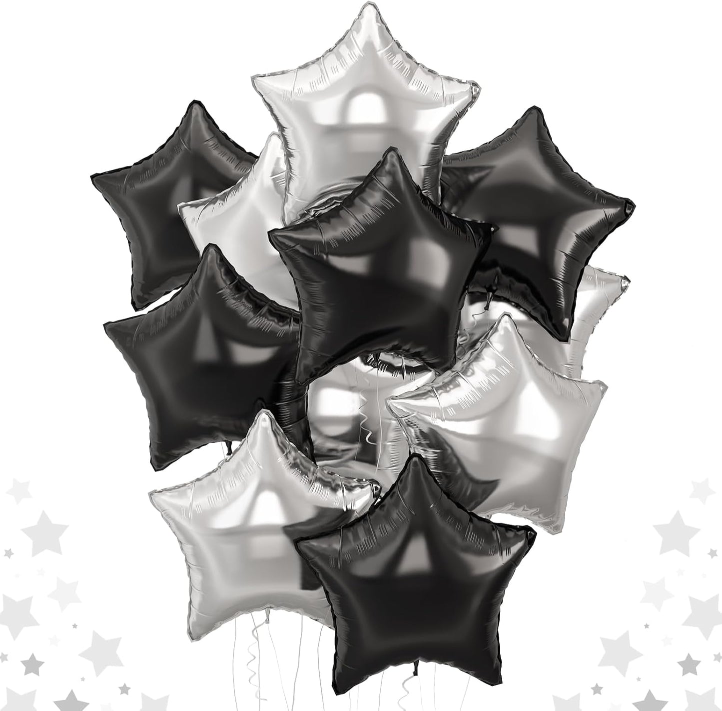 Black Silver Star Foil Balloons, 18 Inch Large Black and Metallic Silver Stars Shape Aluminum Foil Helium Balloon 10 Pcs Pentagram Balloons Party Decor for Birthday Graduation Retirement New Year