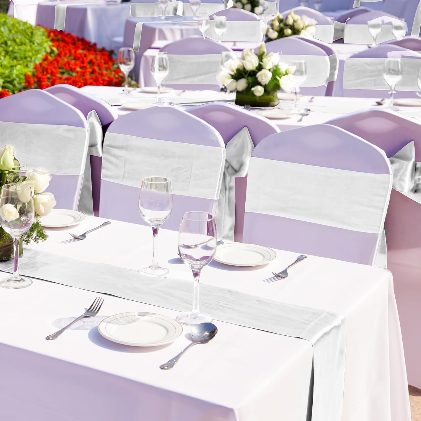 Aneco 12 Pack Satin Table Runner 12 x 108 Inch White Long Wedding Satin Silk Table Runner for Wedding Banquet Graduations Birthday Party Decoration