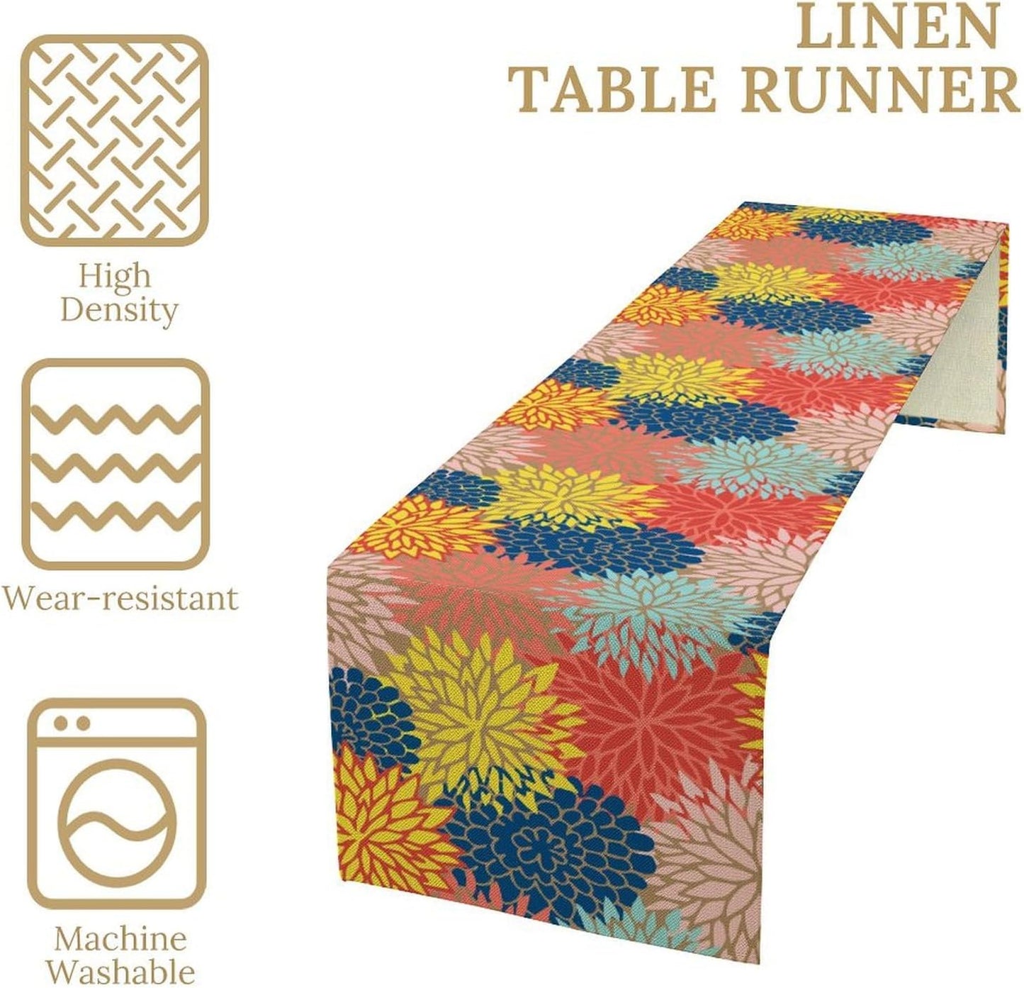 Dahlia Flowers Table Runner Colorful Floral Teal Grey Pink Yellow Blue Abstract Table Runner Kitchen Dining Party Decor Living Room, 13x70 Inch