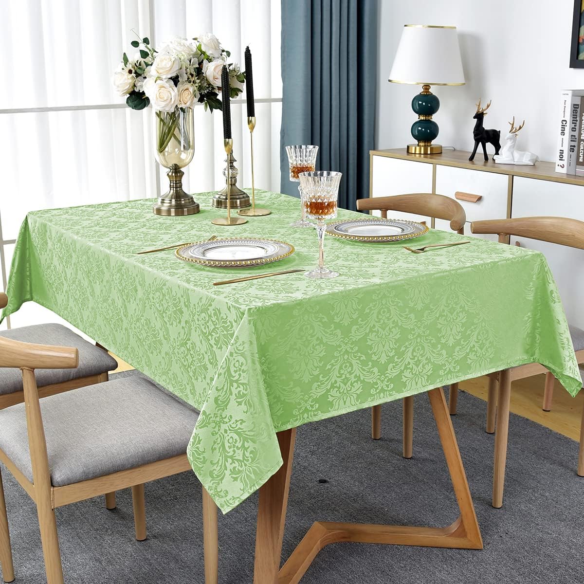 SASTYBALE Jacquard Damask Tablecloth Rectangle 52 x 70 Inch Light Green, Spill Proof Oil Proof Wrinkle Resistant Tables Cloth, Polyester Table Cover for Summer Dining, Party, Indoor, Outdoor