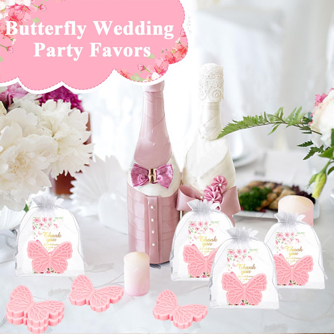 50Sets Butterfly Baby Shower Favors for Guests Butterfly Soap Favors Handmade Scented Soap with Thank You Cards Organza Bags for Gender Reveal Baptism Decorations Wedding Bridal Return Gift(50, Pink)