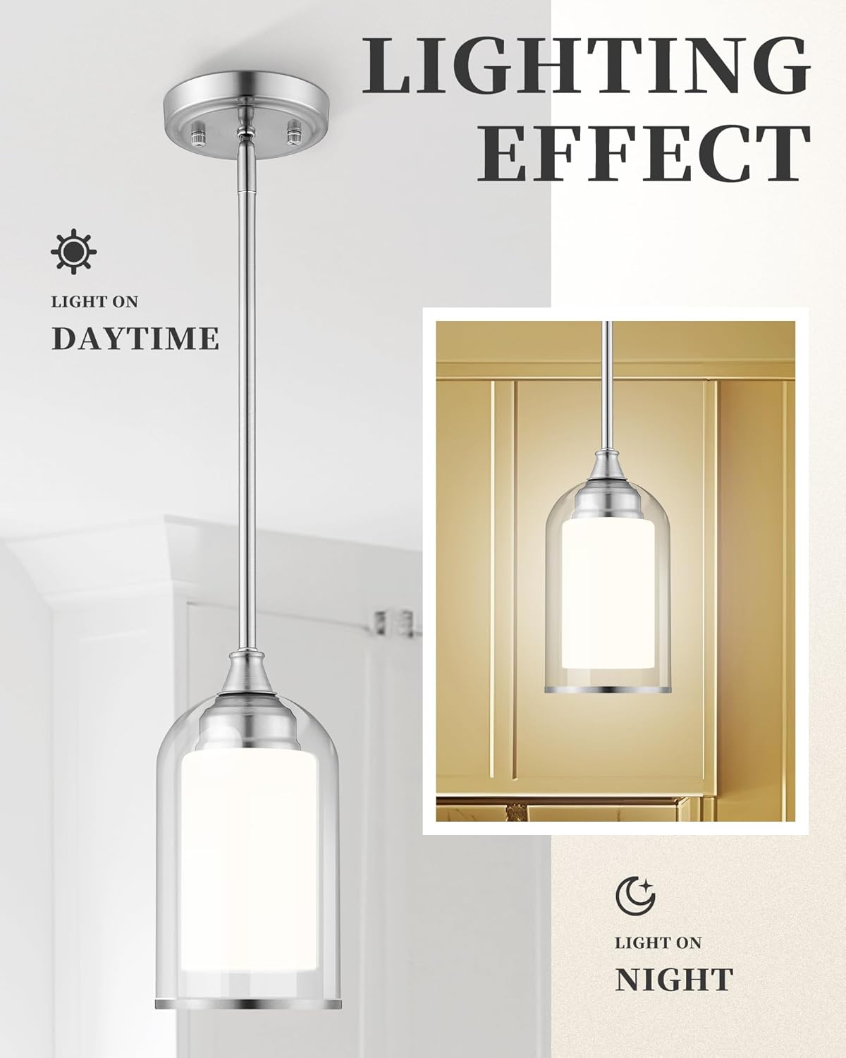 LIROUVET 2 Pack Pendant Light Fixtures, Modern Dual Glass Pendant Lights, Brushed Nickel Hanging Light with Clear and Milk Glass, Pendant Lights Kitchen Island for Dining Room PL02BN-2PK