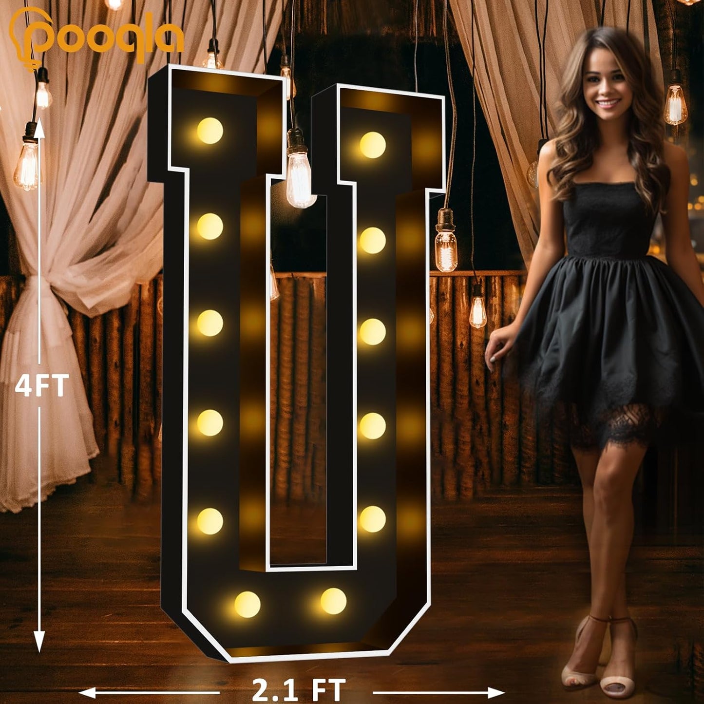 Pooqla 4 FT Marquee Light Up Letters, Black Marquee Letter Lights 4 Feet Tall for Birthday Decoration, Big Mosaic Letters Sign for Balloons Party Anniversary Wedding Decorations, Giant Warm White U