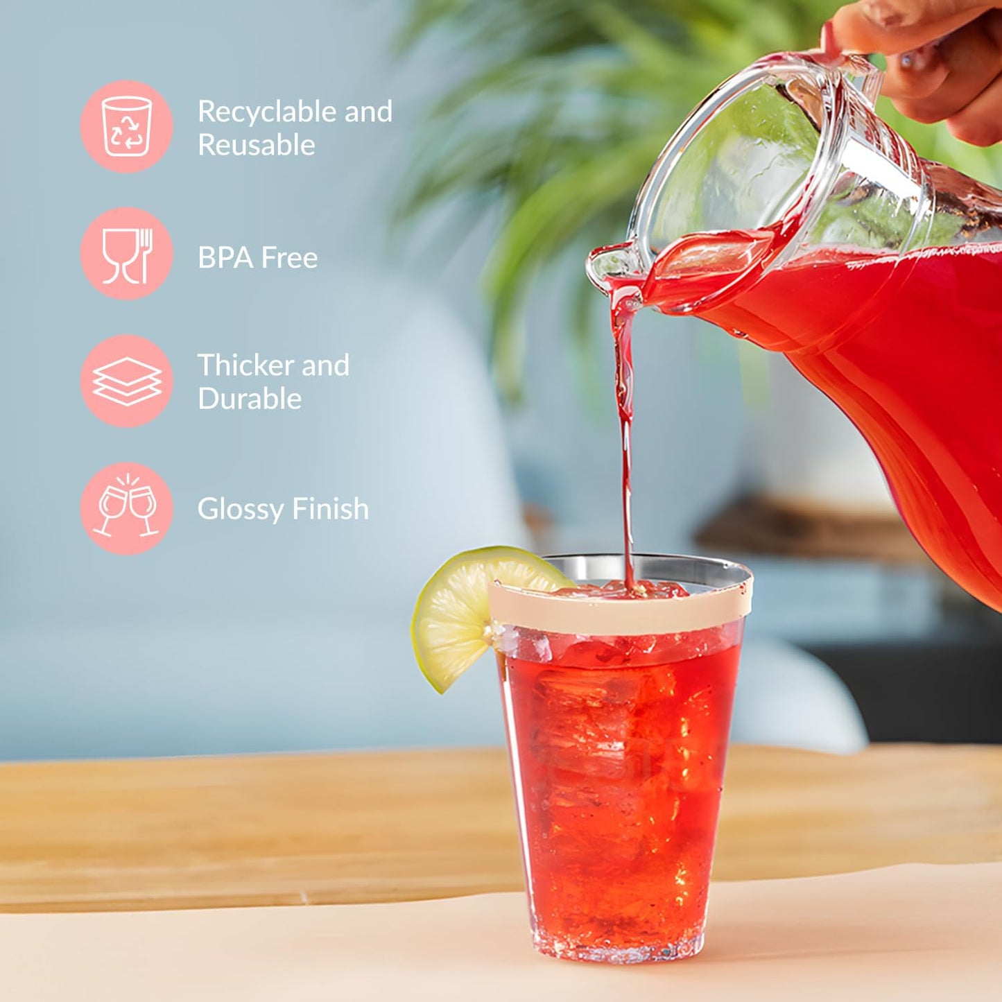 50 Pack Disposable Plastic Cups by Prestee - 14 oz Rose Gold Rimmed Plastic Wine Glasses - Heavy Duty, Pink Rim Cup - Disposable Party Cups and Fancy Wedding Tumbler - Elegant Decoration Cup for Party