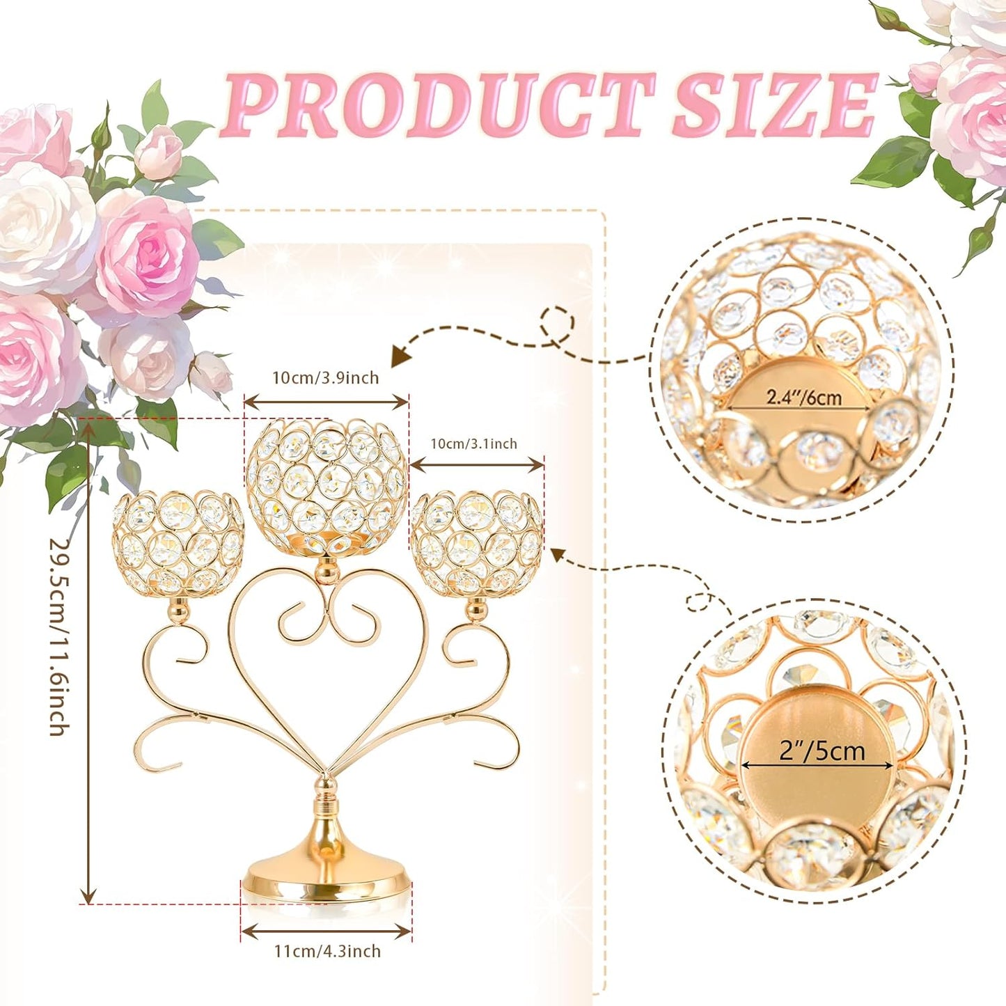 2 Pcs 3-Arm Heart Tea Light Candle Holder - Crystal & Metal Wedding Centerpiece Decor, Sparkling Table Decor for Anniversaries/Romantic Tabletop Home/Dinner Party/Events (2, Gold)