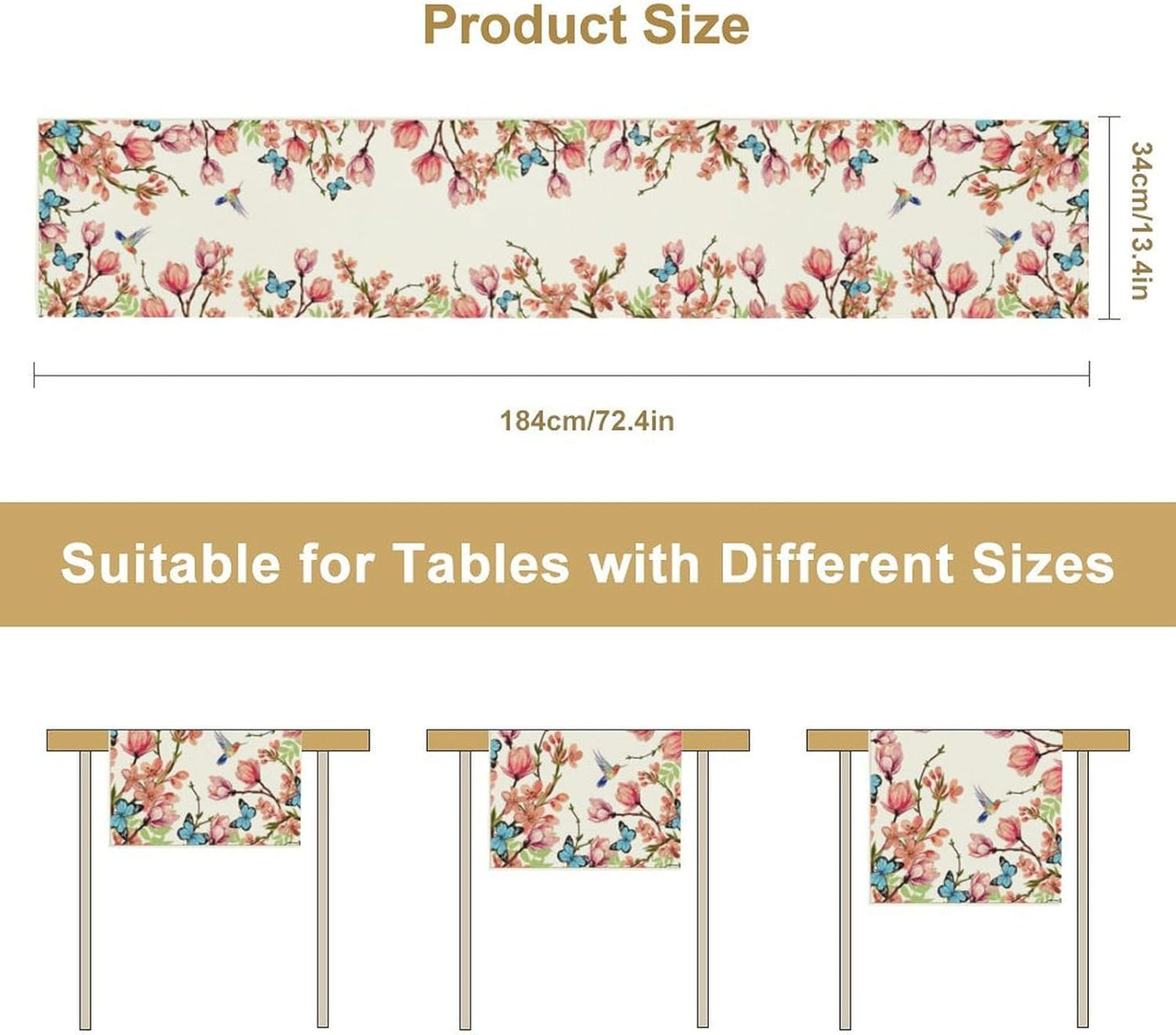 Spring Floral Bird Table Runner, Watercolor Pink Flower Plants Nature Butterfly Table Runner for Kitchen Dinner Living Room Home Party, 13x60 Inch