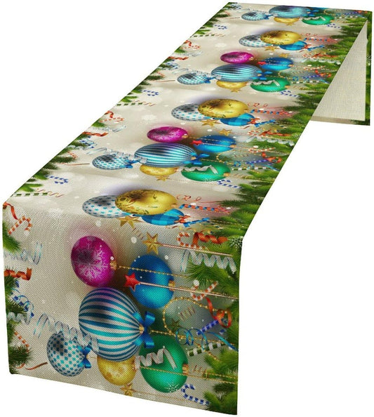 Christmas Table Runner,Colorful Balls Xmas Tree Snowflake Pattern Print Tablecloth Burlap for Hotel Indoors Outdoor Dining Room Kitchen Home Decor,W13X L36 in