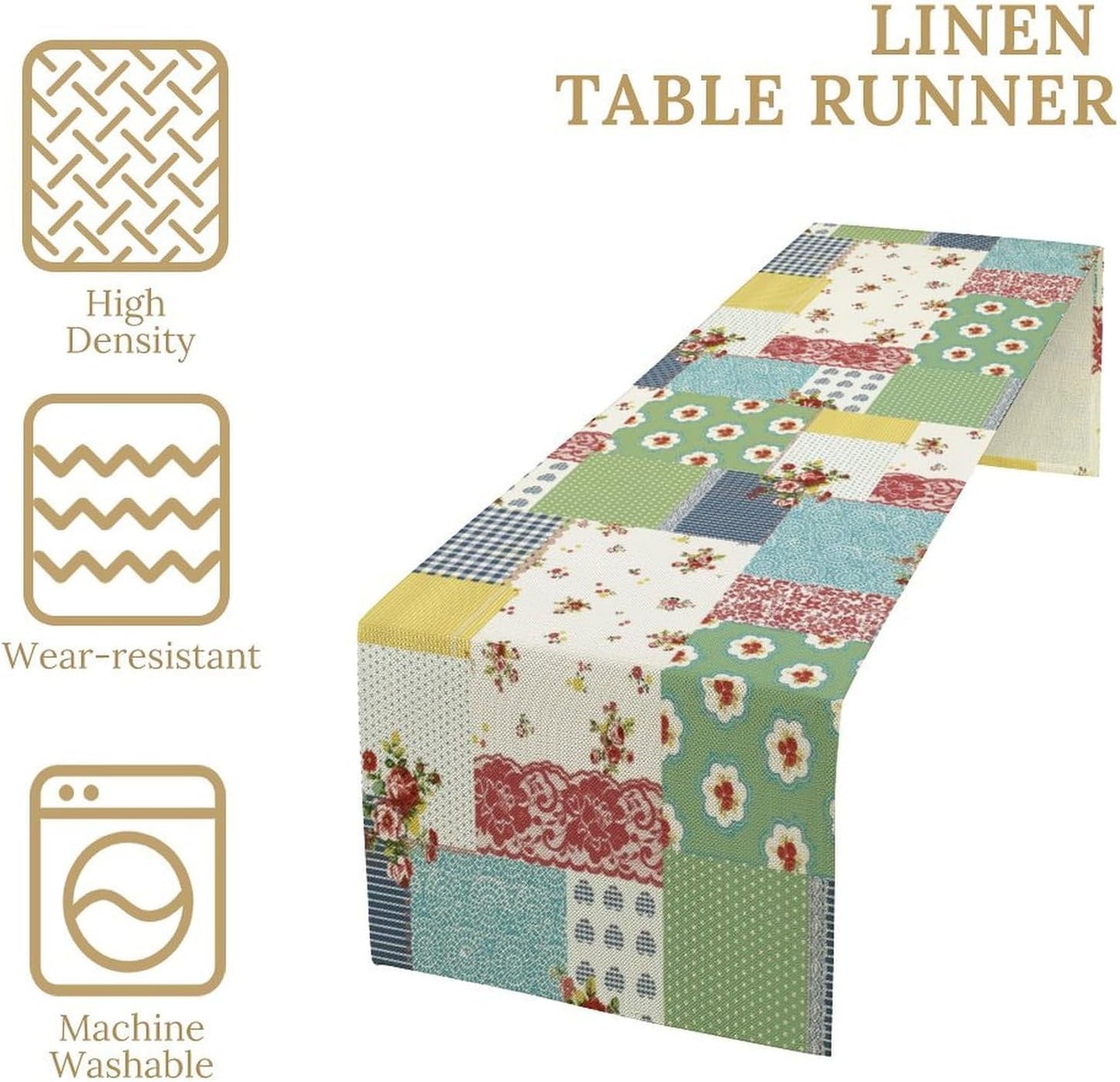 Patchwork Boho Table Runner,Vintage Colorful Floral Plaid Polka Dot Print Tablecloth Burlap for Hotel Indoors Outdoor Dining Room Kitchen Home Decor,W13X L108 in