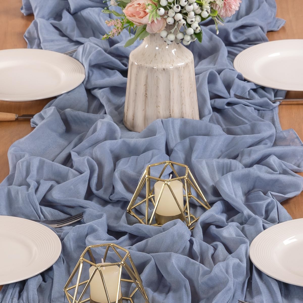 MLMW 6 Pack Dusty Blue Table Runner Cheesecloth Gender Reveal Boho Gauze Rustic Cheese Cloth Table Runner 160 inch Sheer 13.3ft for Wedding Party Baby Bridal Shower Birthday