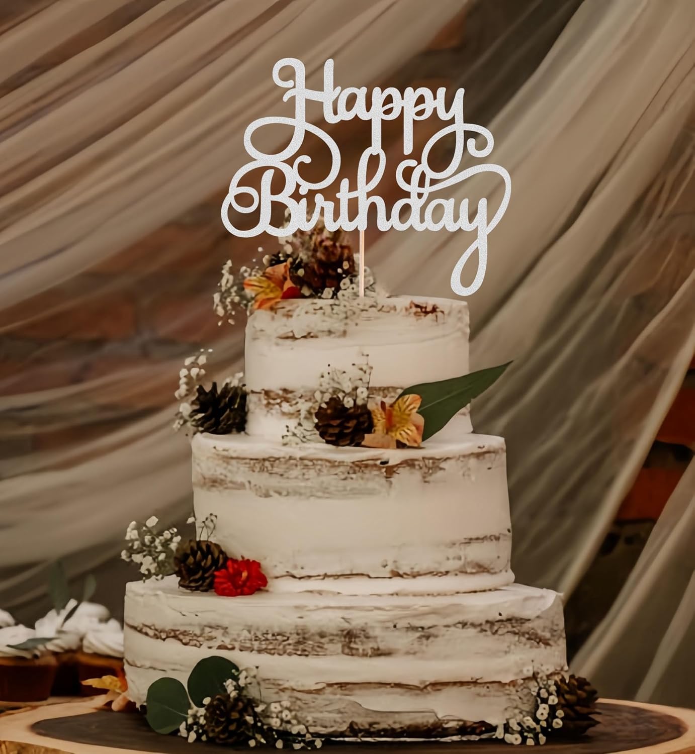 Happy Birthday Cake Topper - Silver Glitter Birthday Party Cake Decoration Supplies - Happy Birthday Cake Decor, for Anniversary/Birthday Party Supplies Photo Booth Props