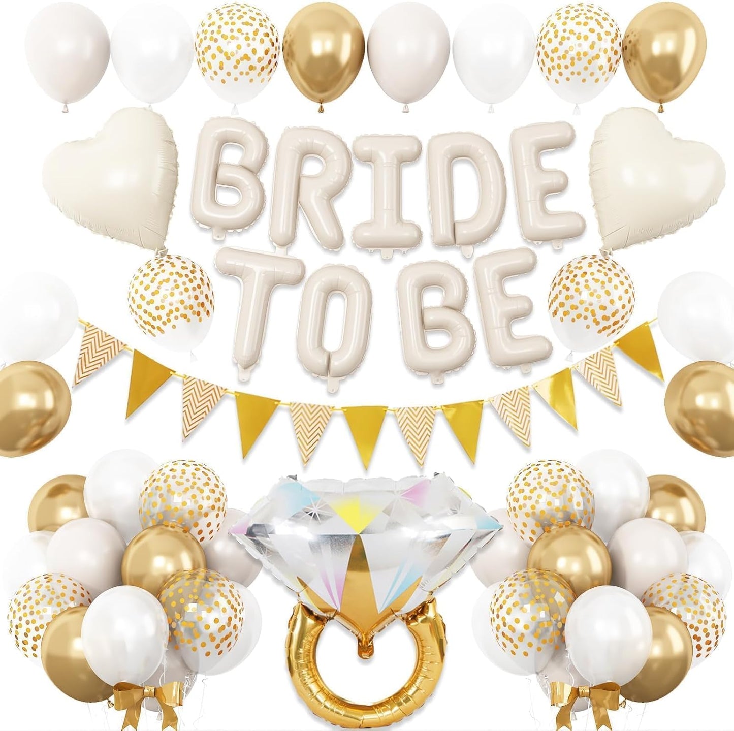 Sand White Bachelorette Party Decorations, Nude White Bride To Be Bridal Shower Balloons Decorations, White and Gold Balloons with Diamond Ring Cream Heart Balloons for Bachelorette Engagement Wedding