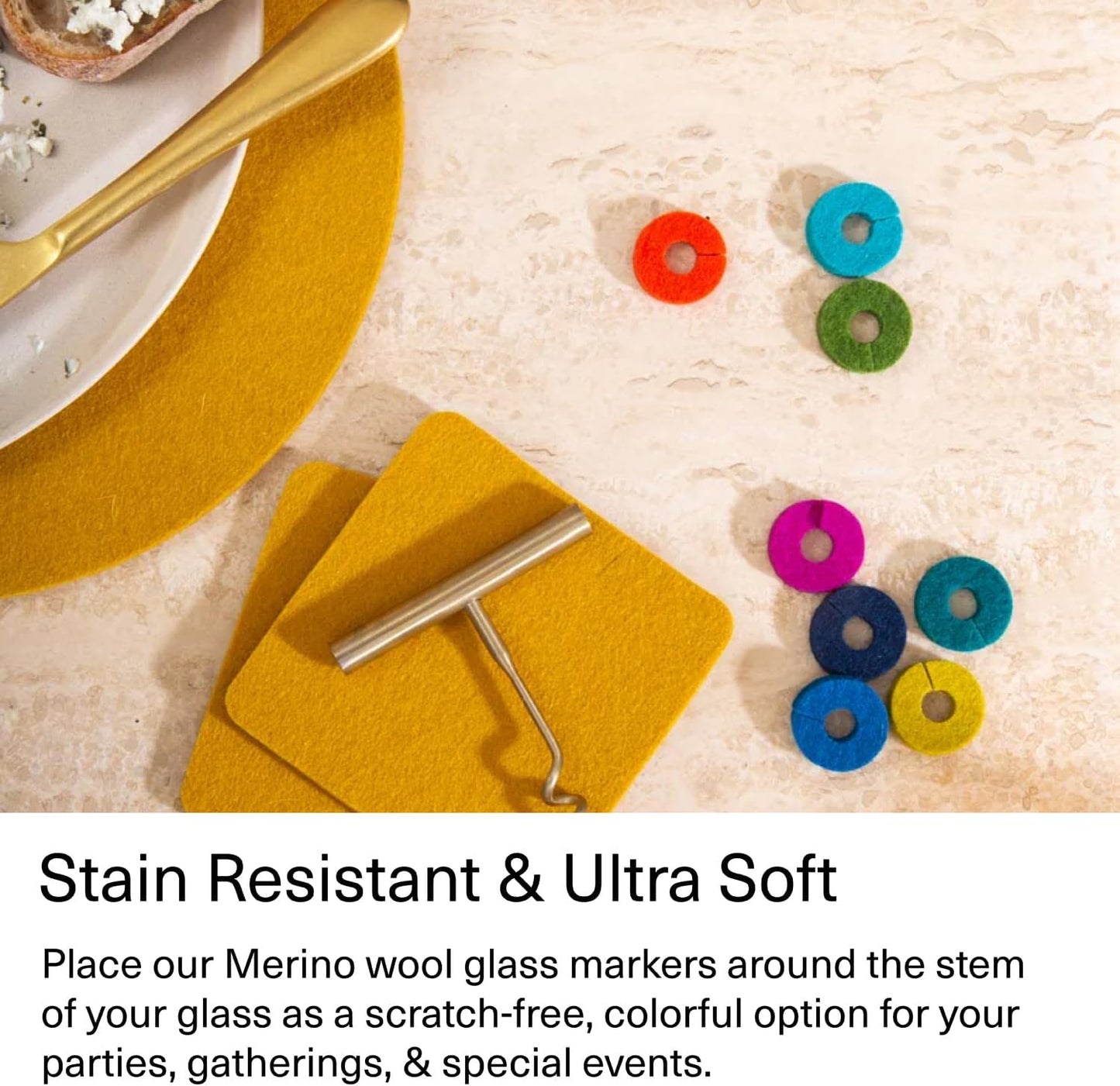 Graf Lantz - Wine-Ote's Merino Wool Wine Glass Charms (Happy) 7 Count - Drink Markers with Note Card - Reusable - 7 Colors - Boho Style - Home Decor, Party Favors & Vacation Essentials - 5mm Felt