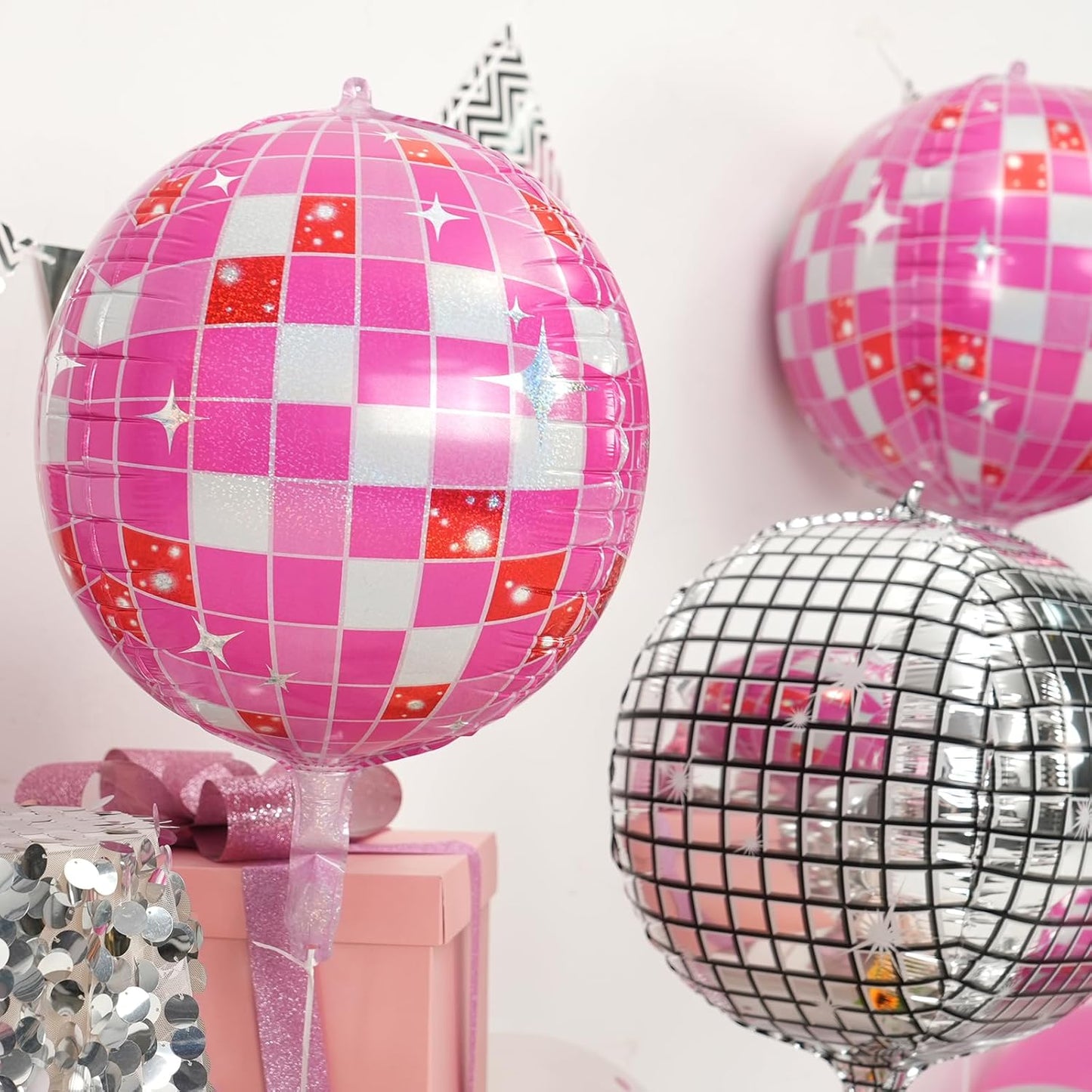 Disco Ball Balloons Pink Silver 4PC,Foil Disco Balloons 22 Inch 4D Round Pink Silver Balloon for 70s 80s Birthday Bachelorette Graduation Decorations