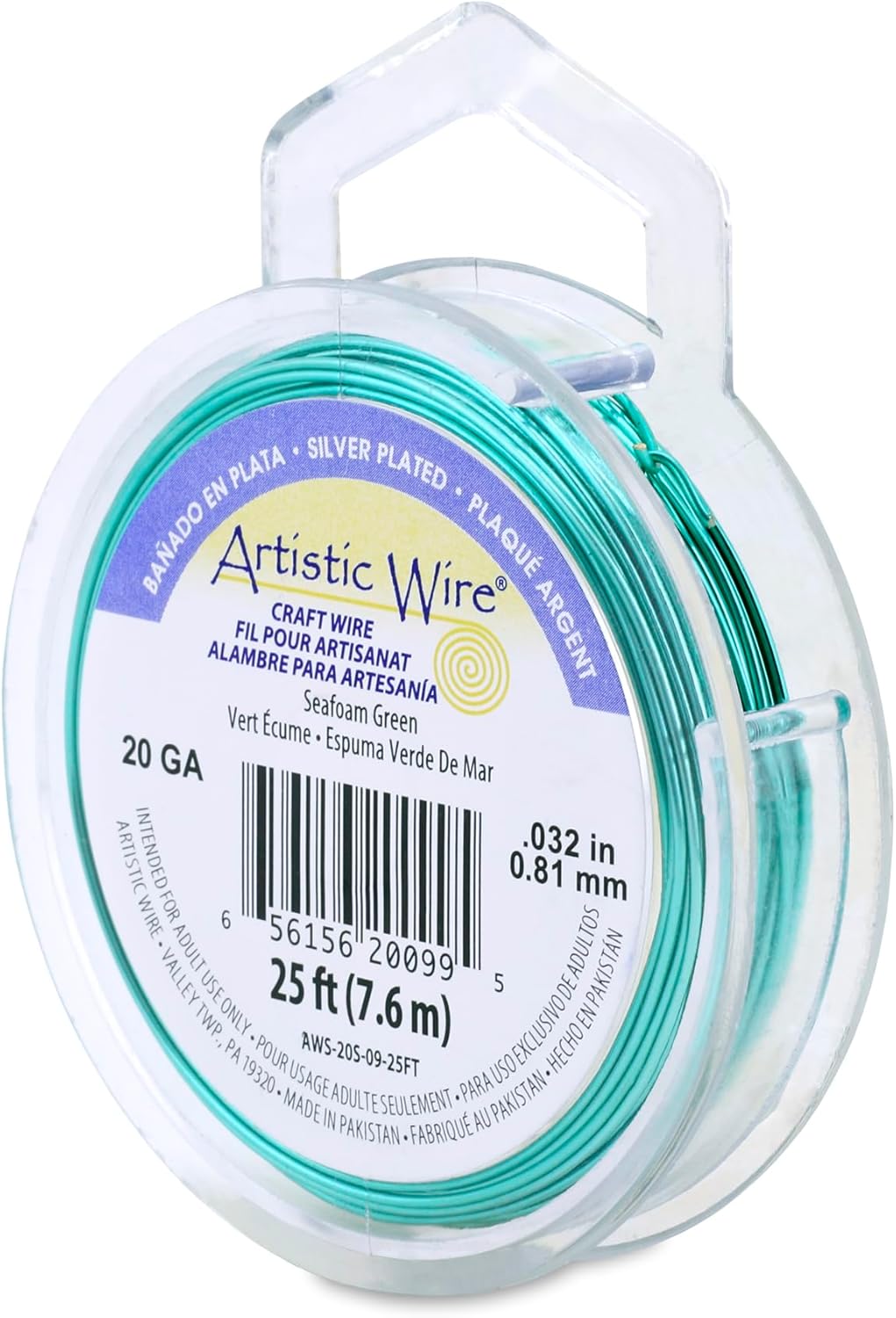 Artistic Wire, 20 Gauge Silver Plated Tarnish Resistant Colored Copper Craft Wire, Seafoam Green, 25 ft