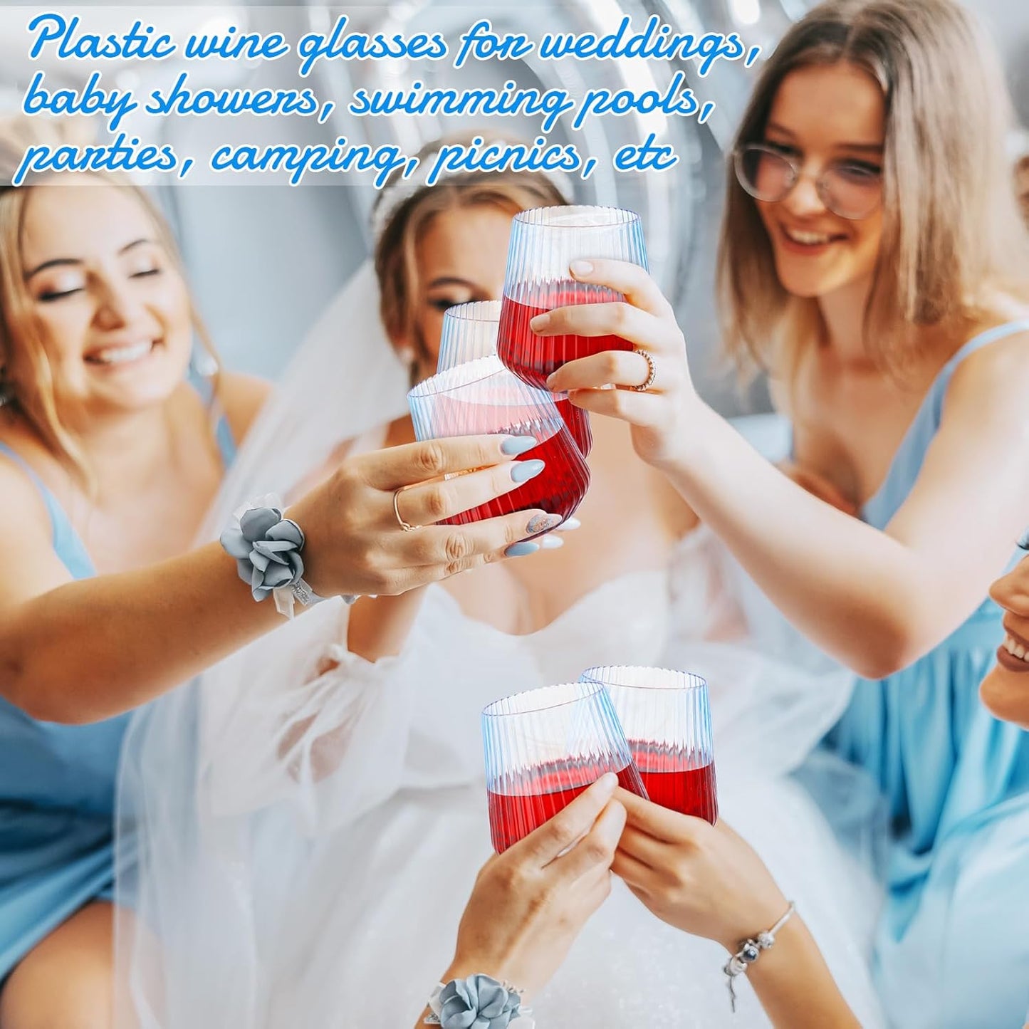 Suclain 50 Pcs Plastic Wine Glasses Ribbed Stemless Wine Glasses 14oz Vertical Design Unbreakable Cups for Outdoor Indoor Vintage Elegant Champagne Whiskey Glasses for Christmas Party Wedding (Blue)