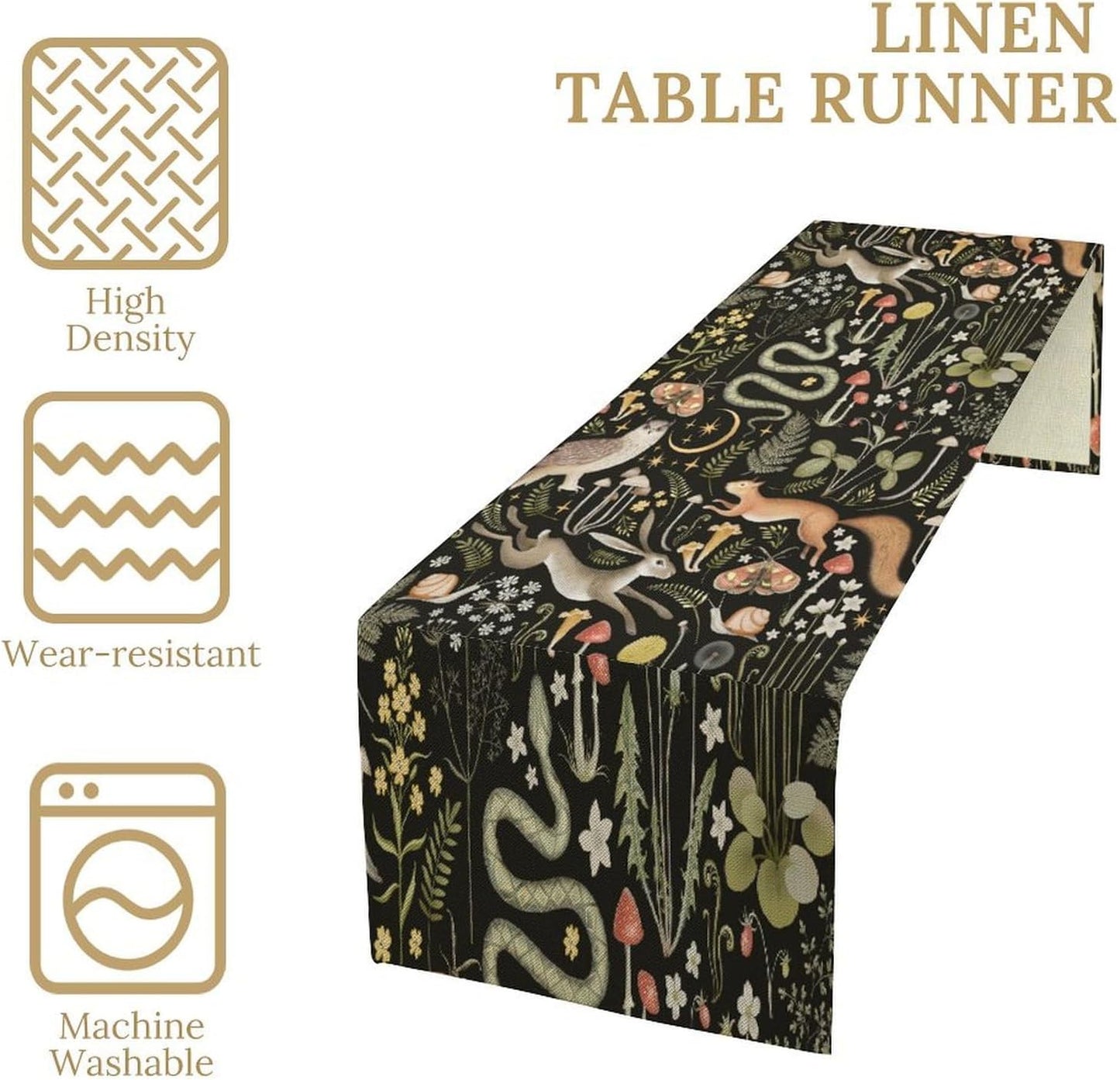 Mushroom Table Runner,Vintage Boho Forest Wild Animal Wildflower Botanical Plants Pattern Print Burlap Hotel Indoors Outdoor Dining Room Kitchen Holiday Party, 13x90in