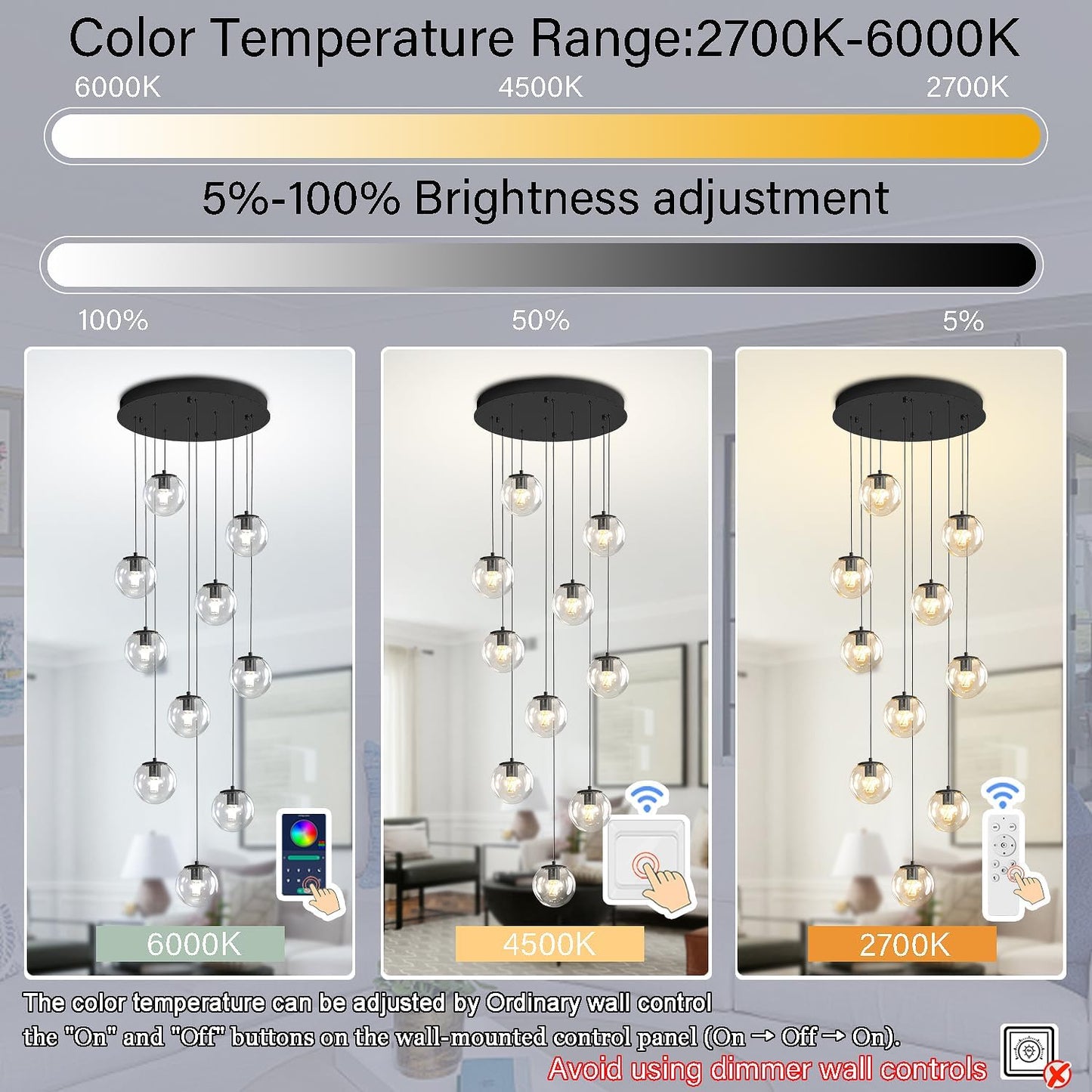 Modern Globe Chandelier H118 Staircase Chandelier for Entryway 12-Lights Glass Globe Pendant Light Large Chandeliers for High Ceiling Foyer Stairwell