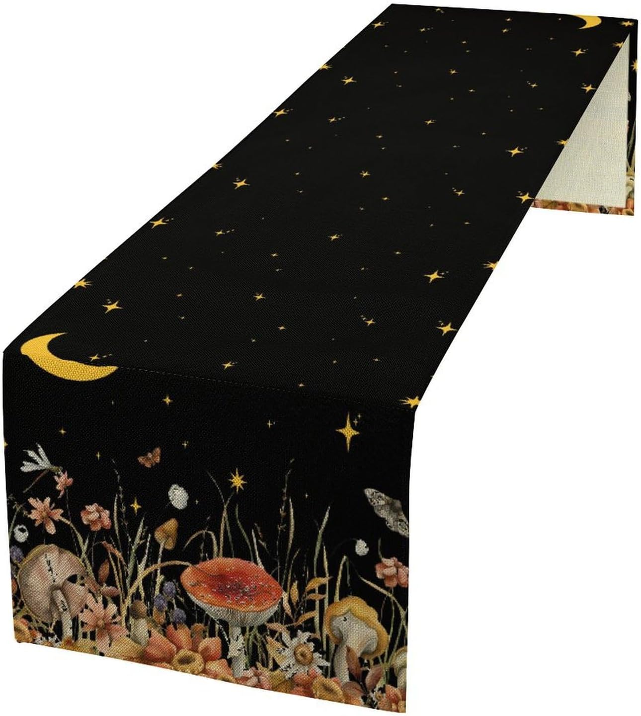 Mushroom Kitchen Table Runner, Gothic Moon Star Plants Witchy Moonlit Flower Butterfly Table Runner for Kitchen Party Living Room Drapes, 13x60 Inch Black
