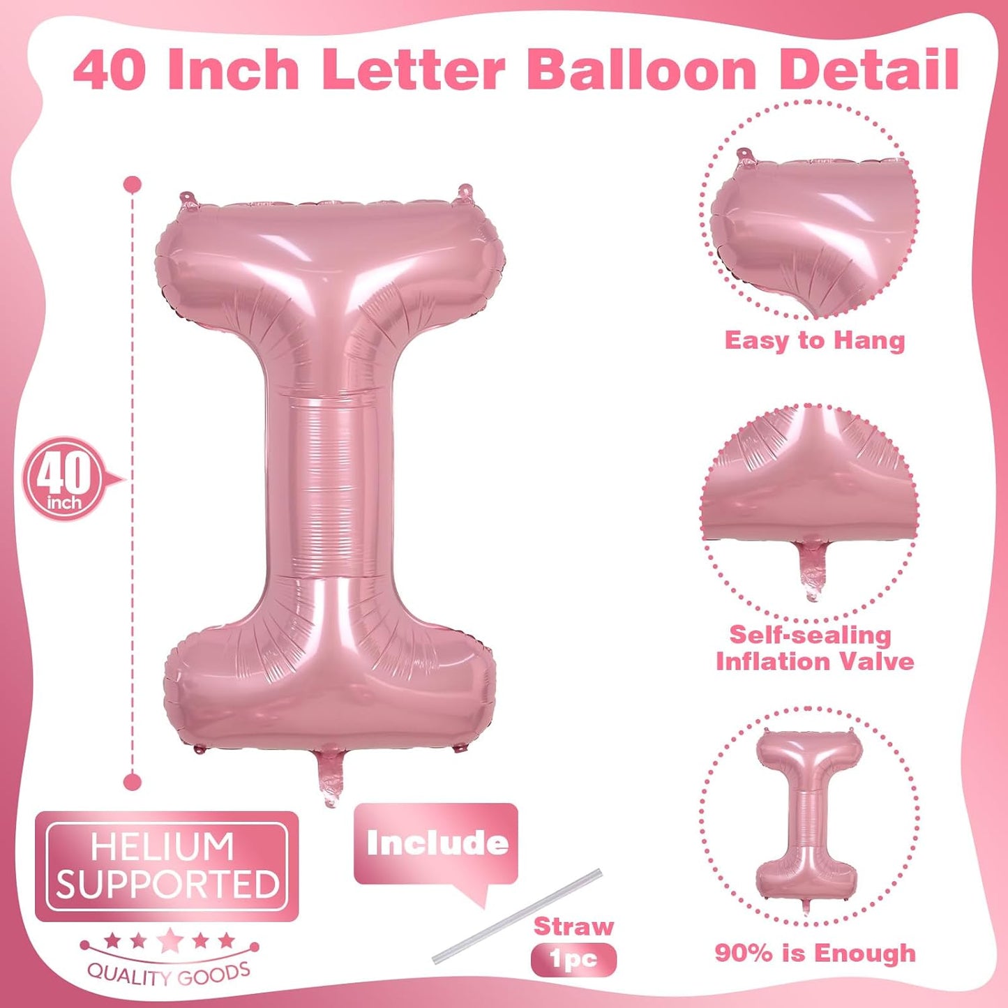 Pastel Pink I Letter Balloon, 40" Alphabet Foil Light Pink, Large Self Inflating for Girls Birthday Party Baby Shower Decoration